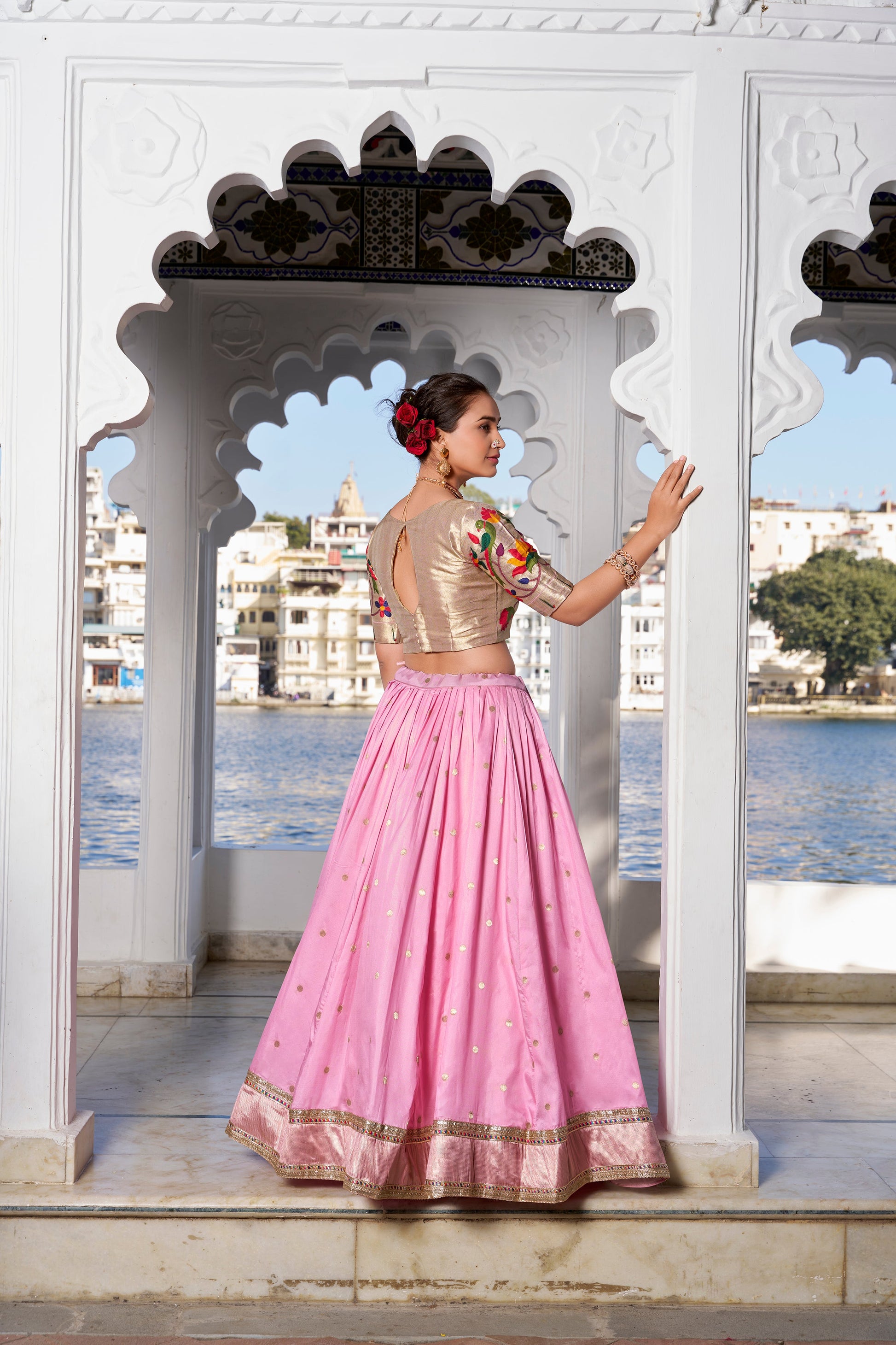 Lorenvalley Pink Jacquard Silk Paithani Weaving Zari Work with Lace Touch Up Lehenga Choli with Dupatta | Swadesiicart