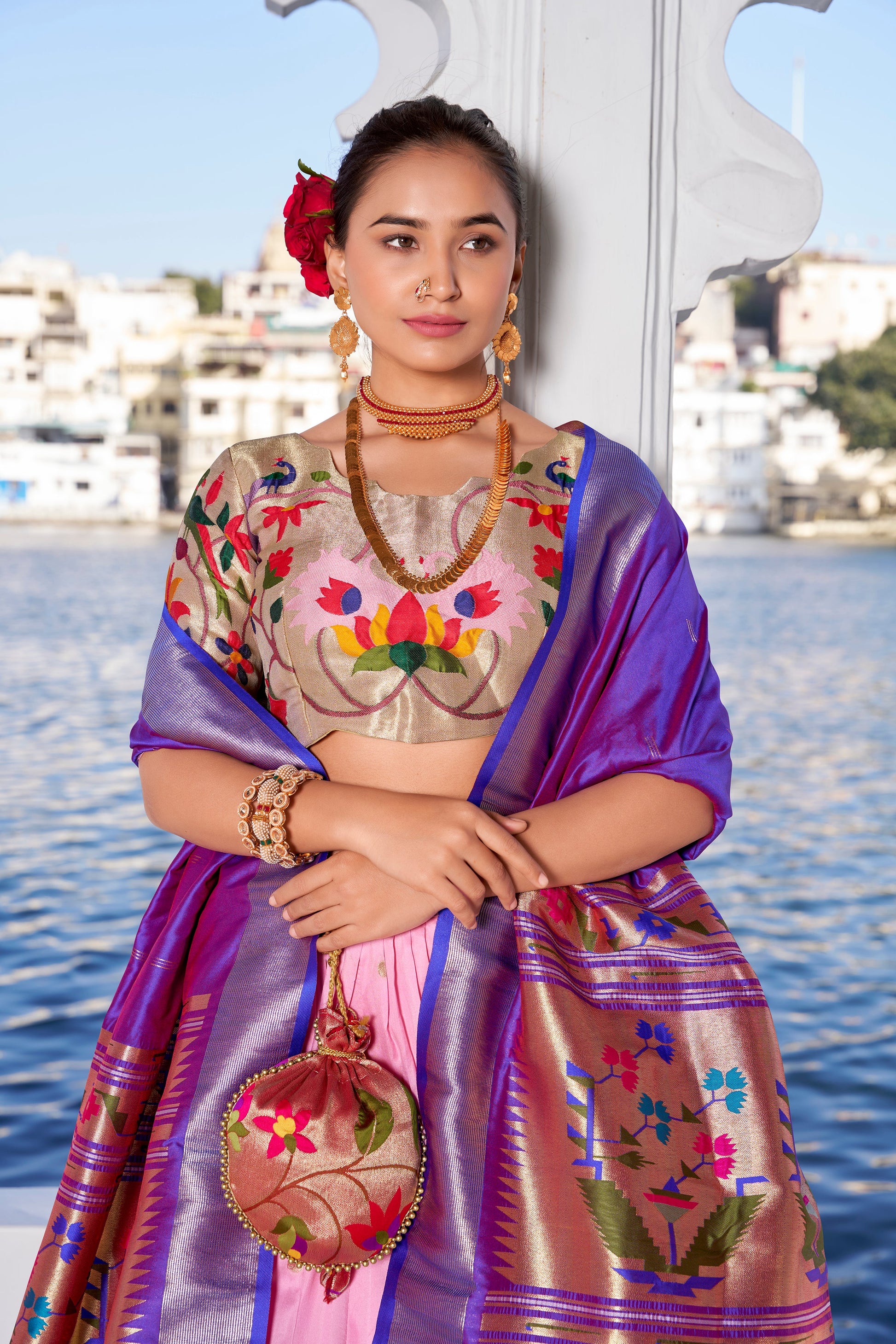 Lorenvalley Pink Jacquard Silk Paithani Weaving Zari Work with Lace Touch Up Lehenga Choli with Dupatta | Swadesiicart