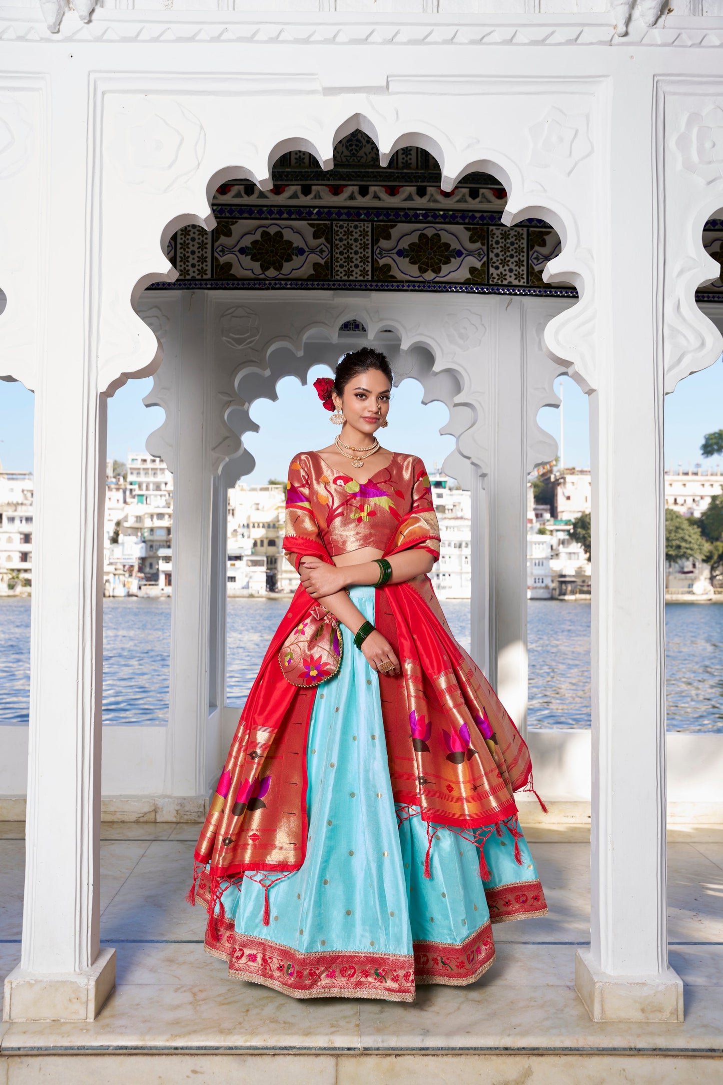 Lorenvalley Sky Blue Jacquard Silk Paithani Weaving Zari Work with Lace Touch Up Lehenga Choli with Dupatta | Swadesiicart