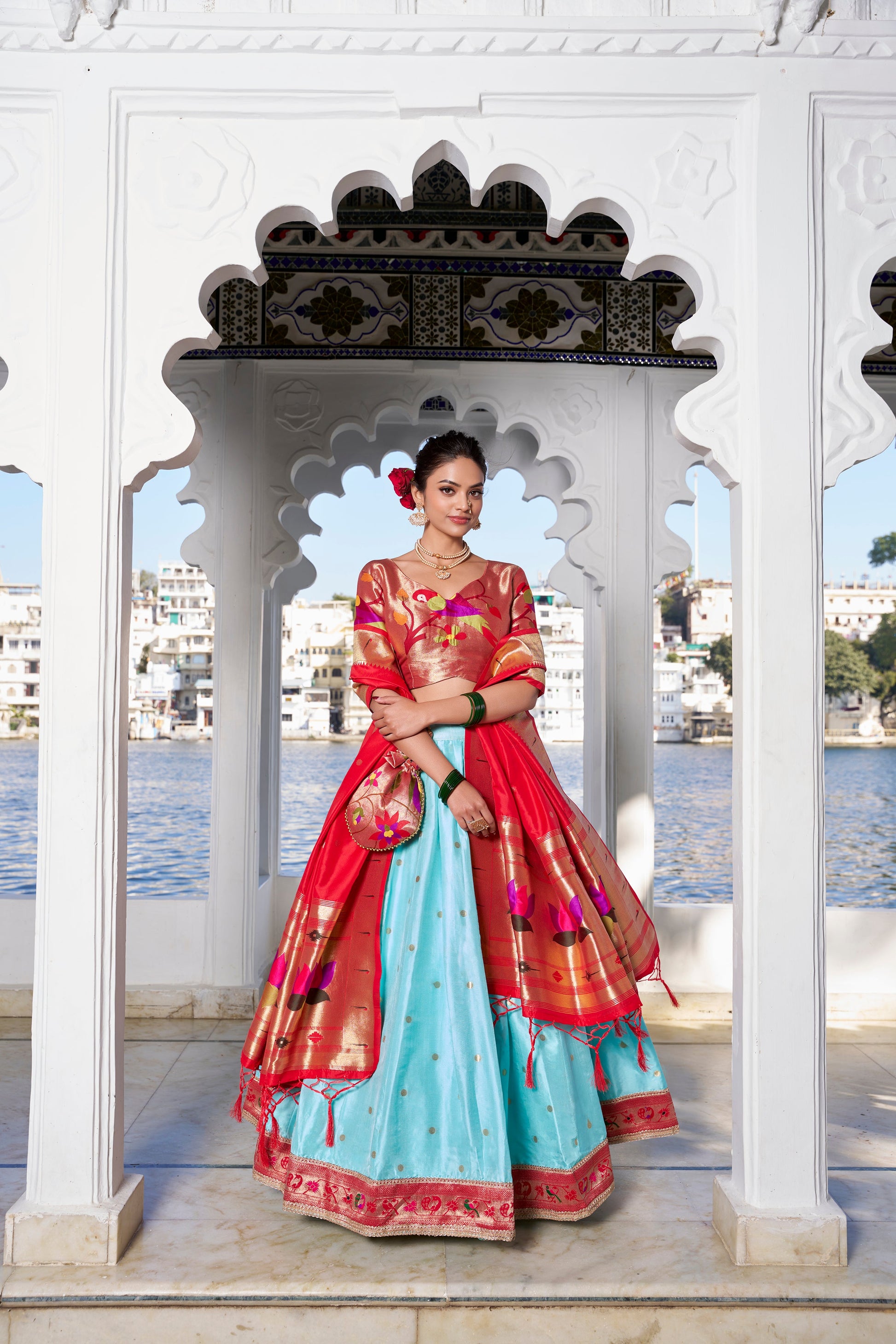 Lorenvalley Sky Blue Jacquard Silk Paithani Weaving Zari Work with Lace Touch Up Lehenga Choli with Dupatta | Swadesiicart