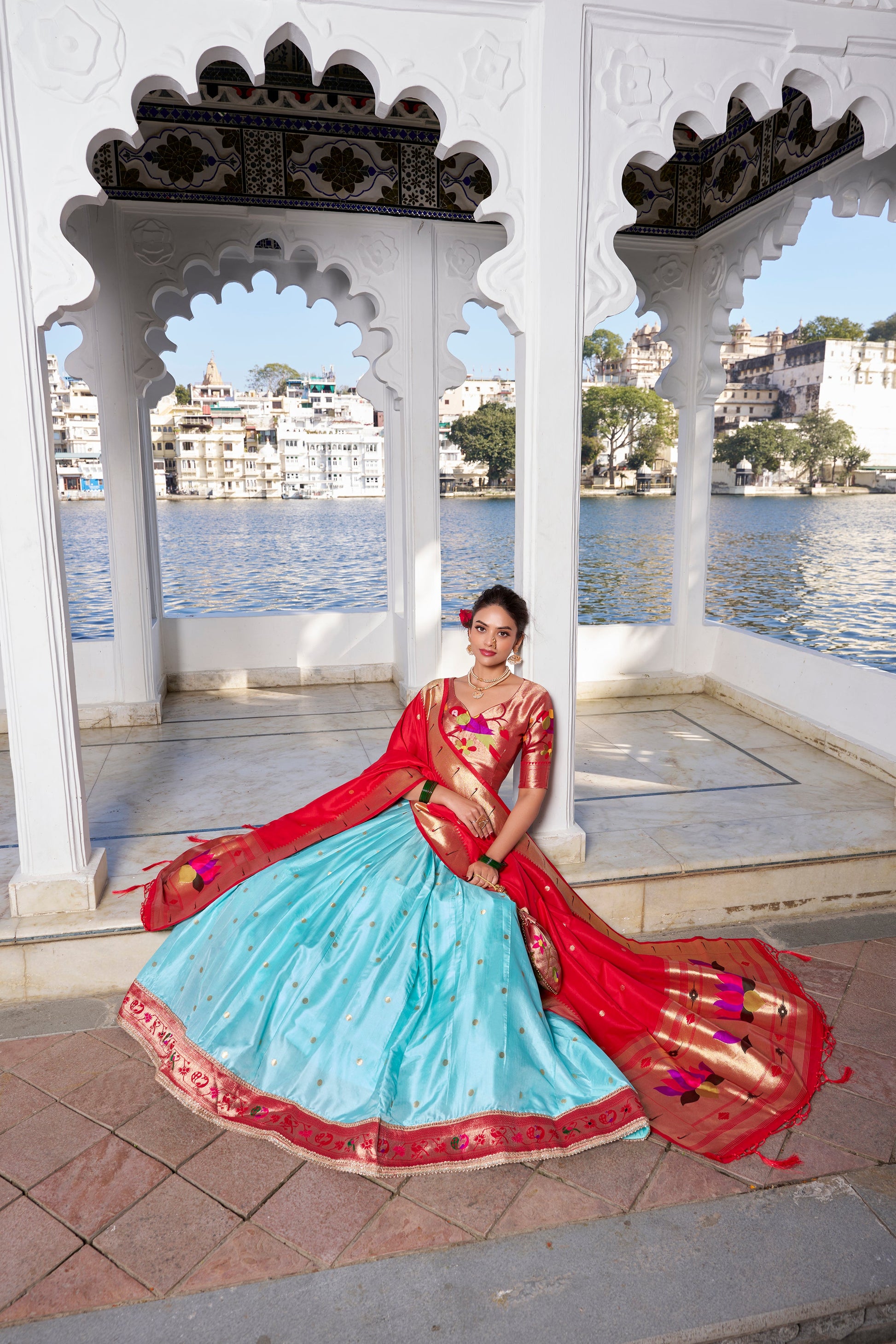 Lorenvalley Sky Blue Jacquard Silk Paithani Weaving Zari Work with Lace Touch Up Lehenga Choli with Dupatta | Swadesiicart