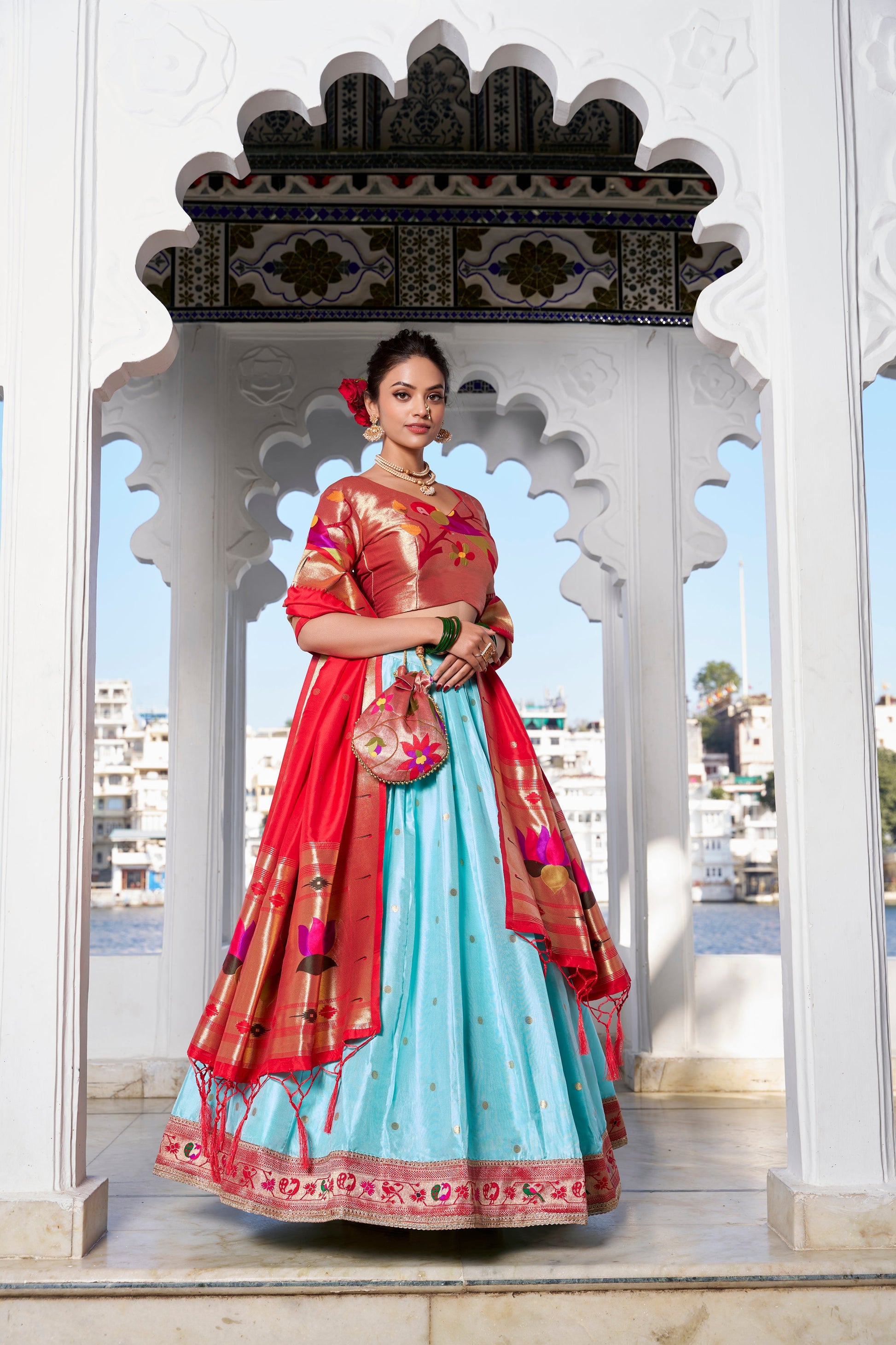 Lorenvalley Sky Blue Jacquard Silk Paithani Weaving Zari Work with Lace Touch Up Lehenga Choli with Dupatta | Swadesiicart