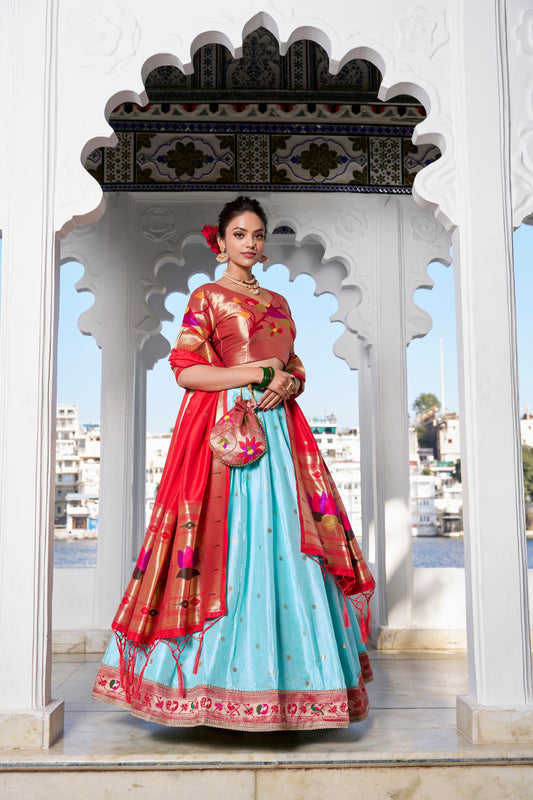 Lorenvalley Sky Blue Jacquard Silk Paithani Weaving Zari Work with Lace Touch Up Lehenga Choli with Dupatta | Swadesiicart