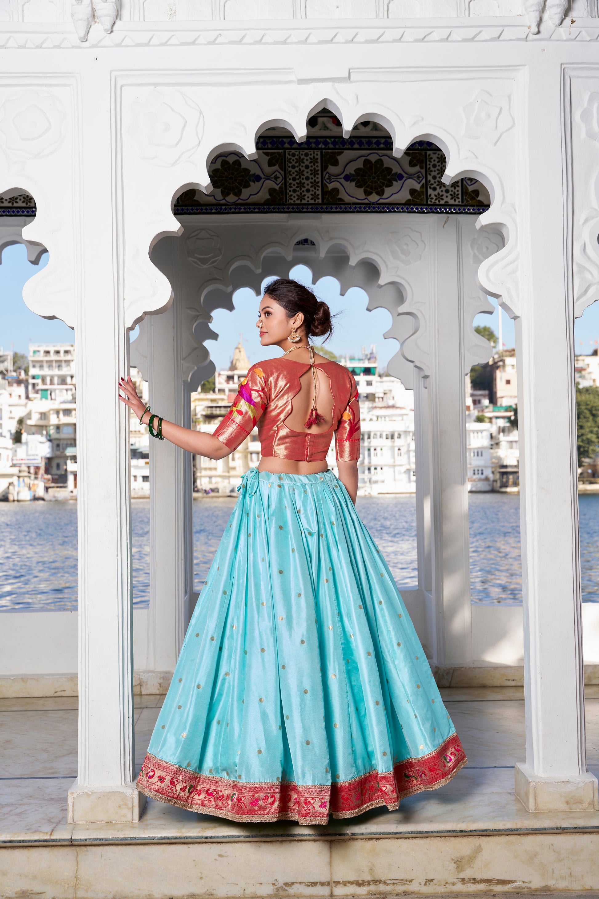 Lorenvalley Sky Blue Jacquard Silk Paithani Weaving Zari Work with Lace Touch Up Lehenga Choli with Dupatta | Swadesiicart