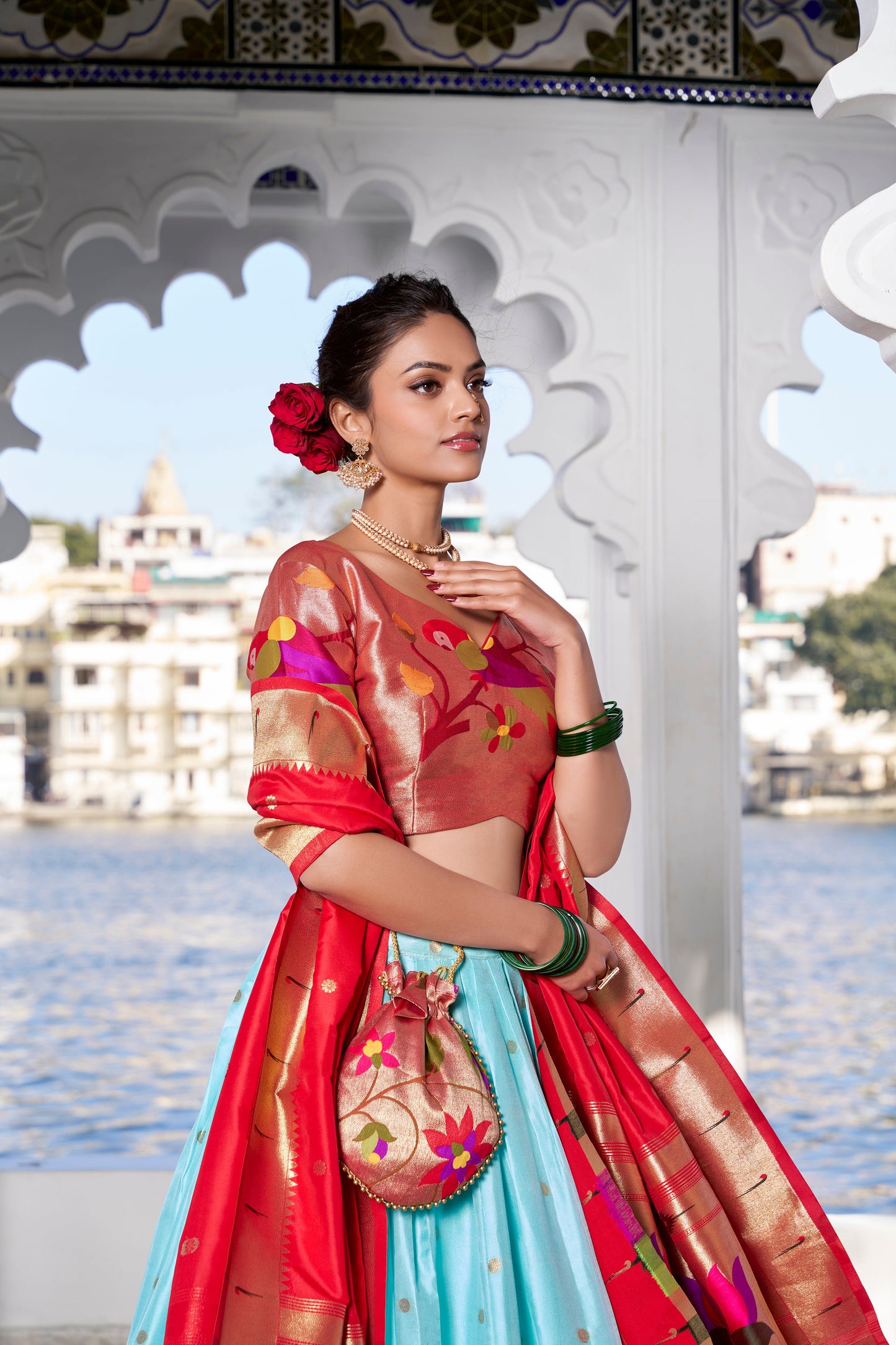 Lorenvalley Sky Blue Jacquard Silk Paithani Weaving Zari Work with Lace Touch Up Lehenga Choli with Dupatta | Swadesiicart