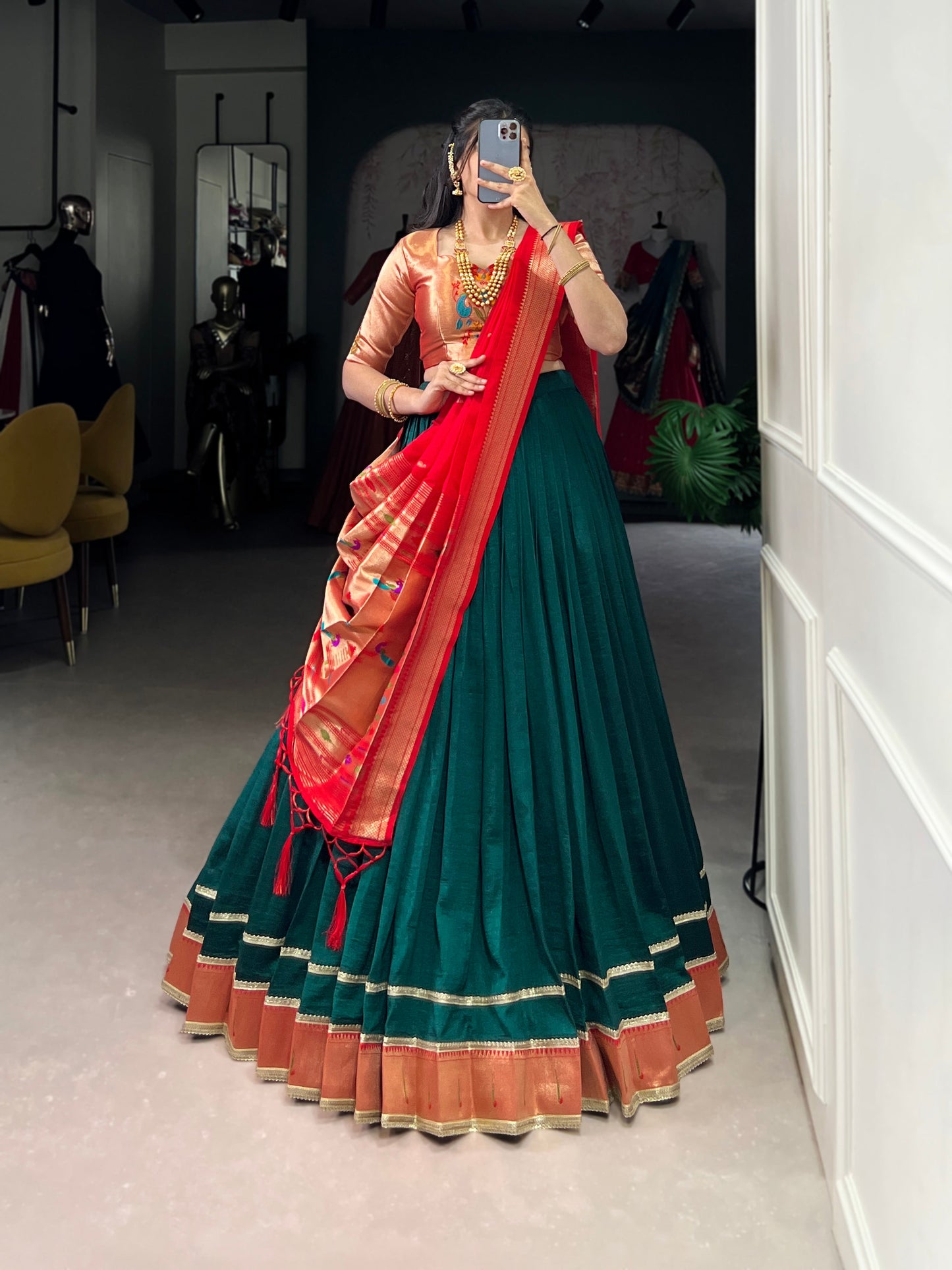 Lorenvalley Fashion Green Vichitra Silk Zari Weaving With Lace Border Lehenga Choli with Dupatta | Swadesiicart