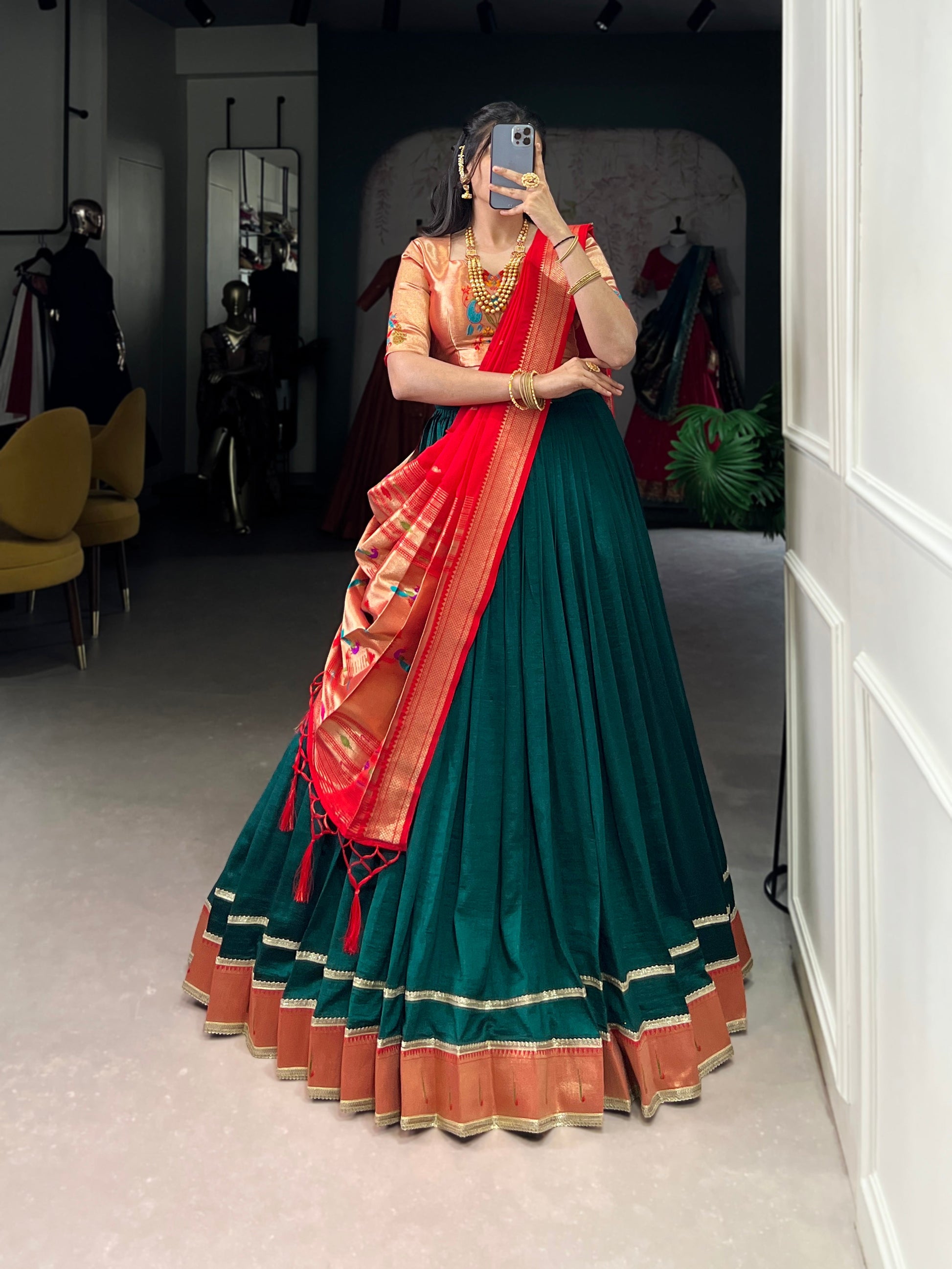 Lorenvalley Fashion Green Vichitra Silk Zari Weaving With Lace Border Lehenga Choli with Dupatta | Swadesiicart