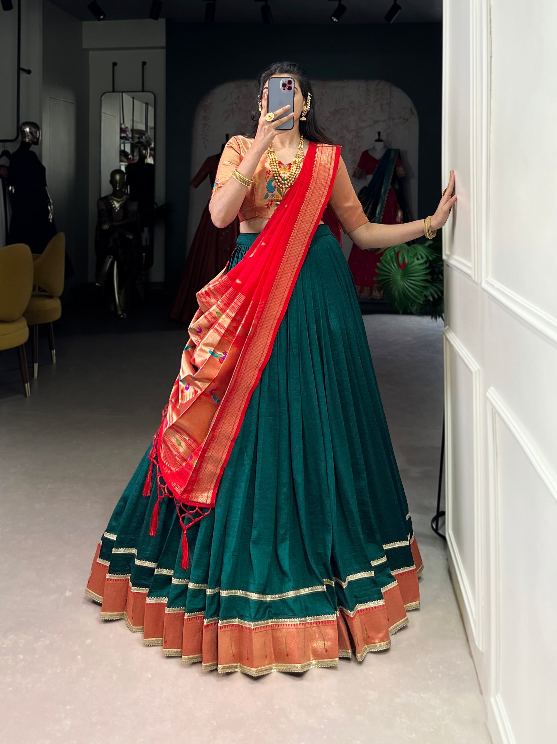 Lorenvalley Fashion Green Vichitra Silk Zari Weaving With Lace Border Lehenga Choli with Dupatta | Swadesiicart