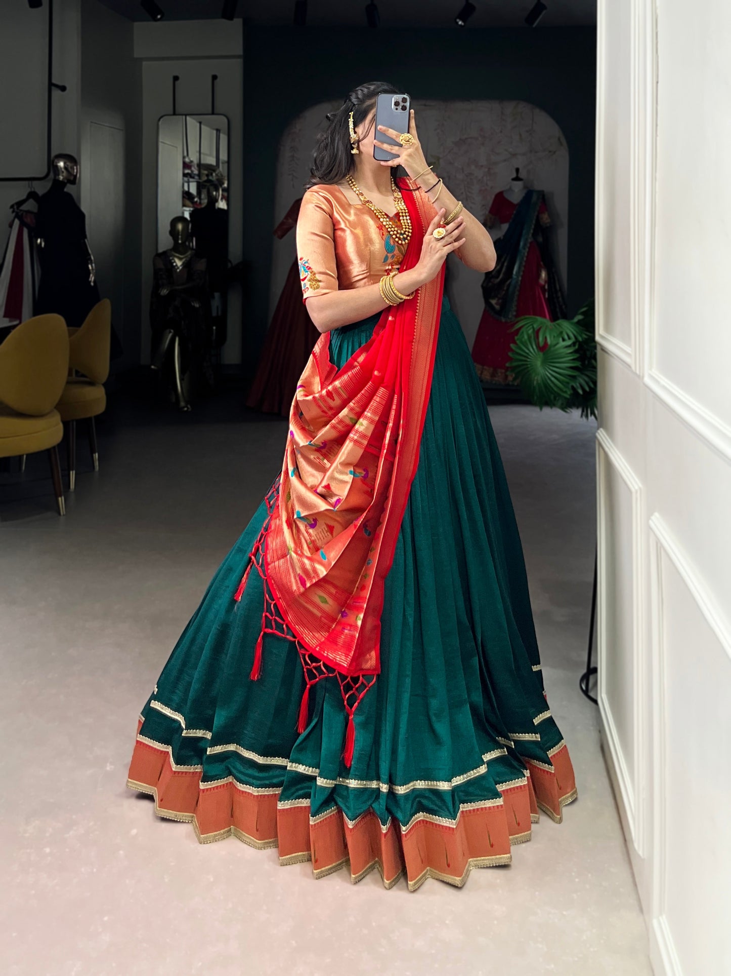 Lorenvalley Fashion Green Vichitra Silk Zari Weaving With Lace Border Lehenga Choli with Dupatta | Swadesiicart