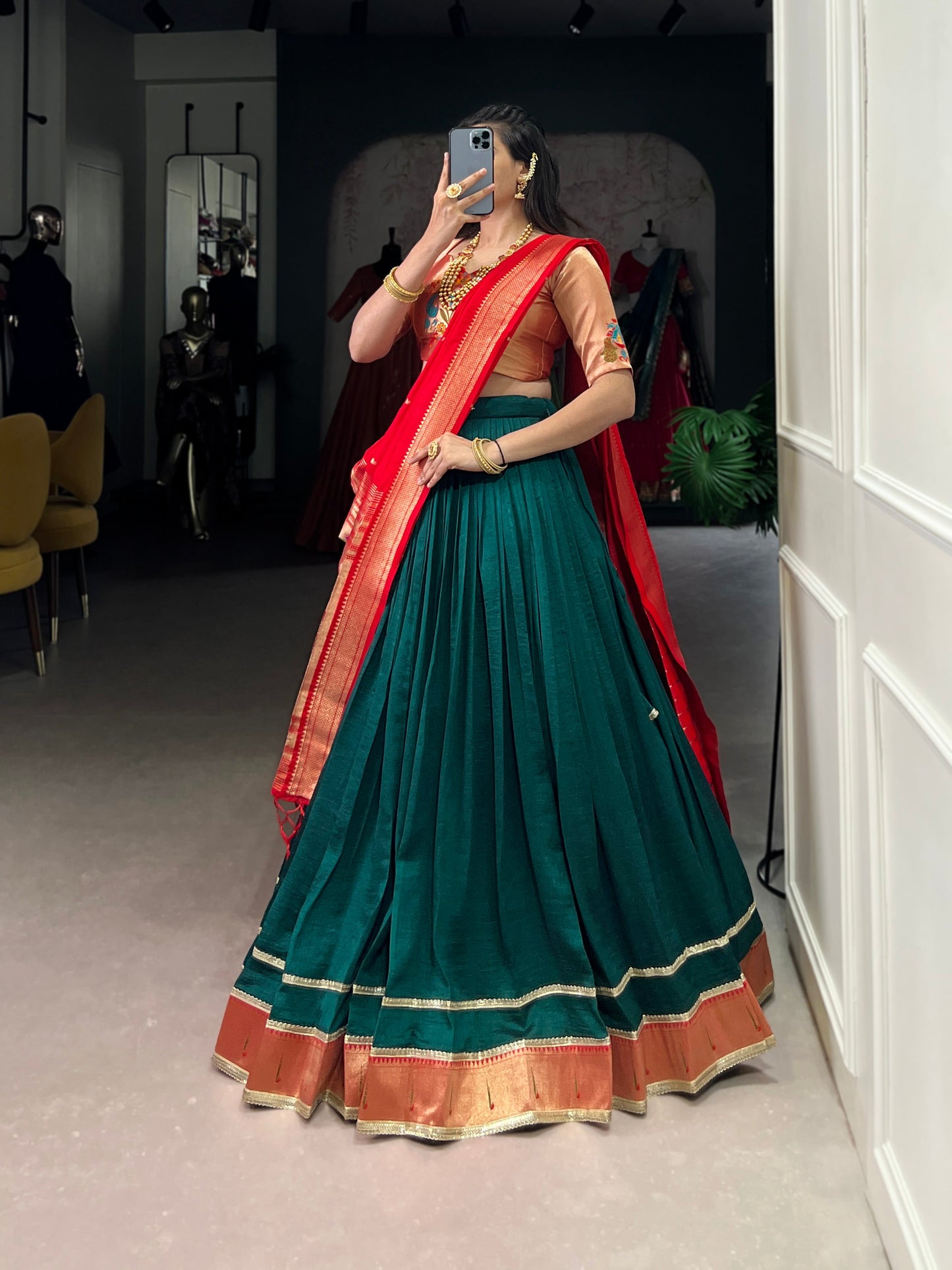 Lorenvalley Fashion Green Vichitra Silk Zari Weaving With Lace Border Lehenga Choli with Dupatta | Swadesiicart