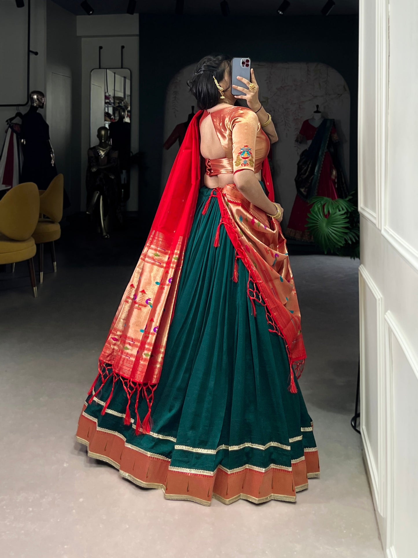 Lorenvalley Fashion Green Vichitra Silk Zari Weaving With Lace Border Lehenga Choli with Dupatta | Swadesiicart