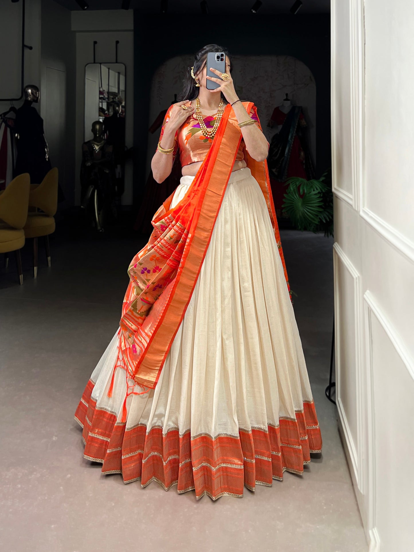 Lorenvalley Fashion Off White Vichitra Silk Zari Weaving With Lace Border Lehenga Choli with Dupatta | Swadesiicart