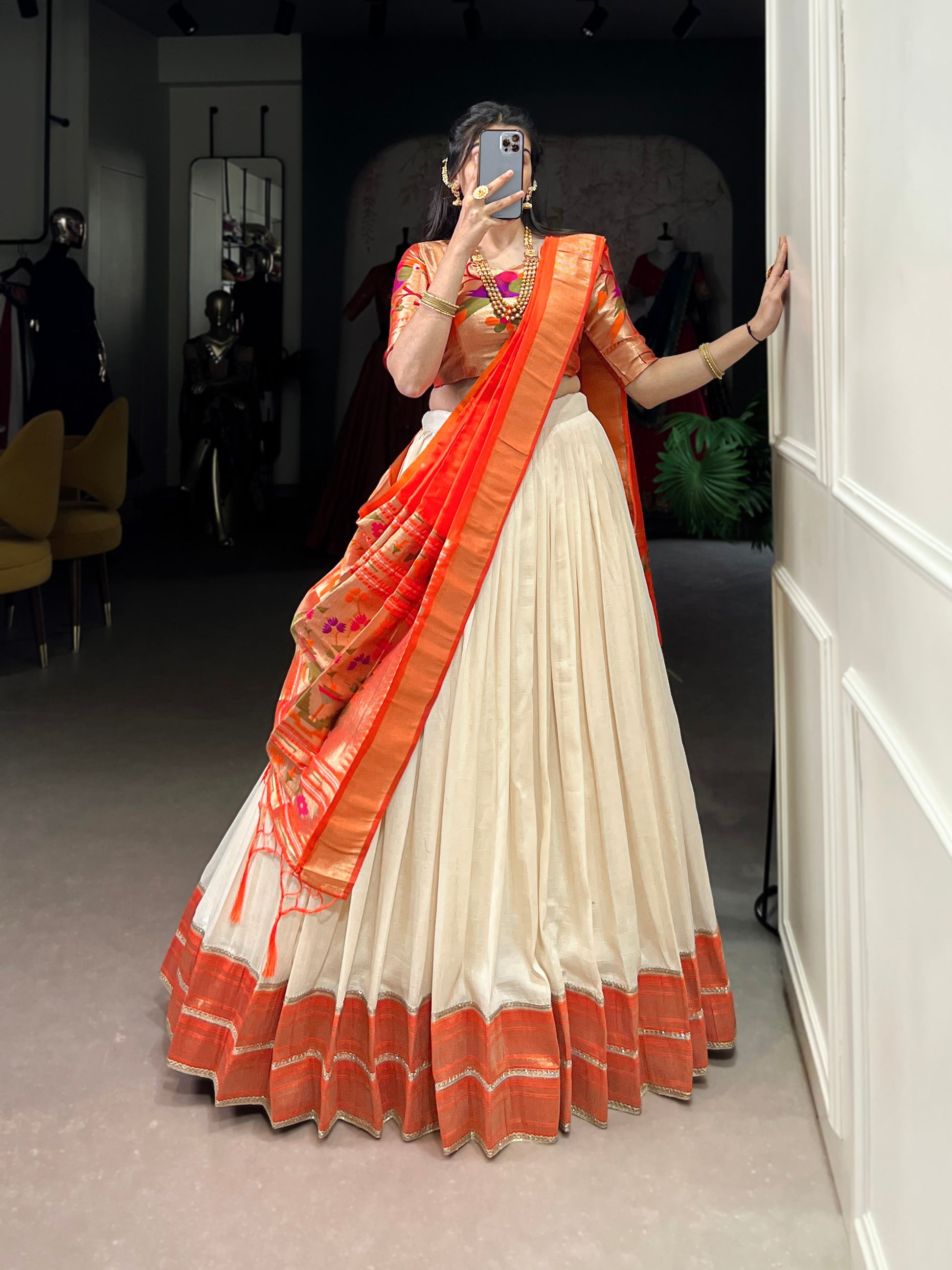 Lorenvalley Fashion Off White Vichitra Silk Zari Weaving With Lace Border Lehenga Choli with Dupatta | Swadesiicart