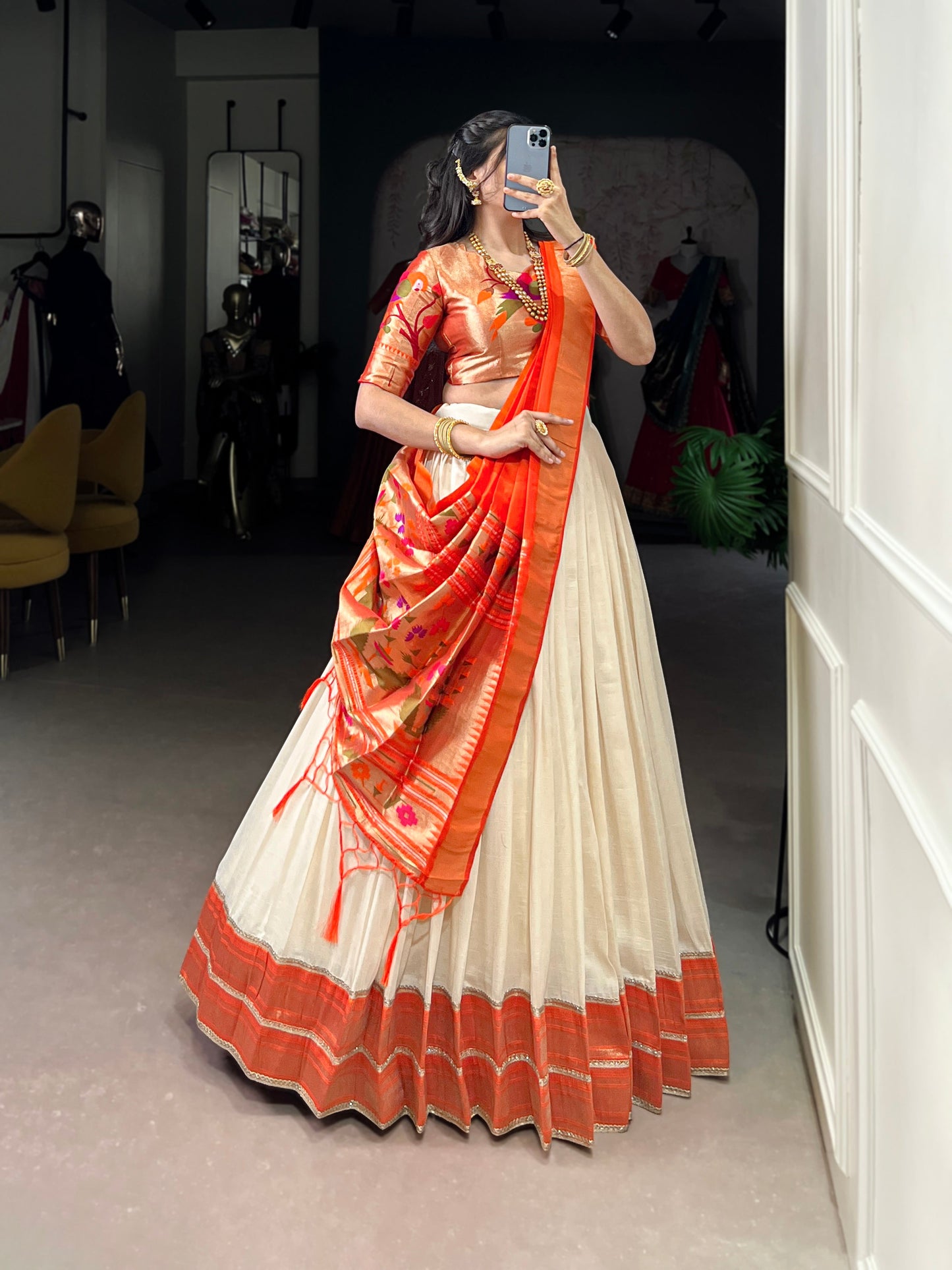 Lorenvalley Fashion Off White Vichitra Silk Zari Weaving With Lace Border Lehenga Choli with Dupatta | Swadesiicart