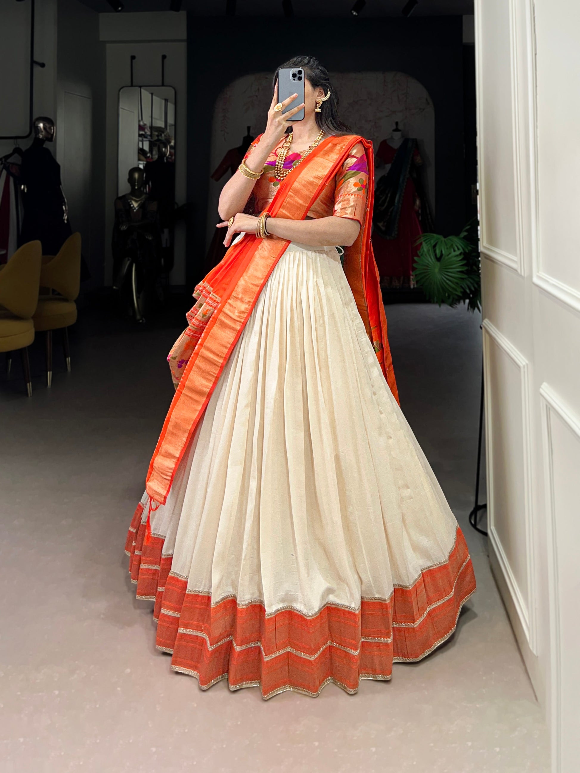 Lorenvalley Fashion Off White Vichitra Silk Zari Weaving With Lace Border Lehenga Choli with Dupatta | Swadesiicart