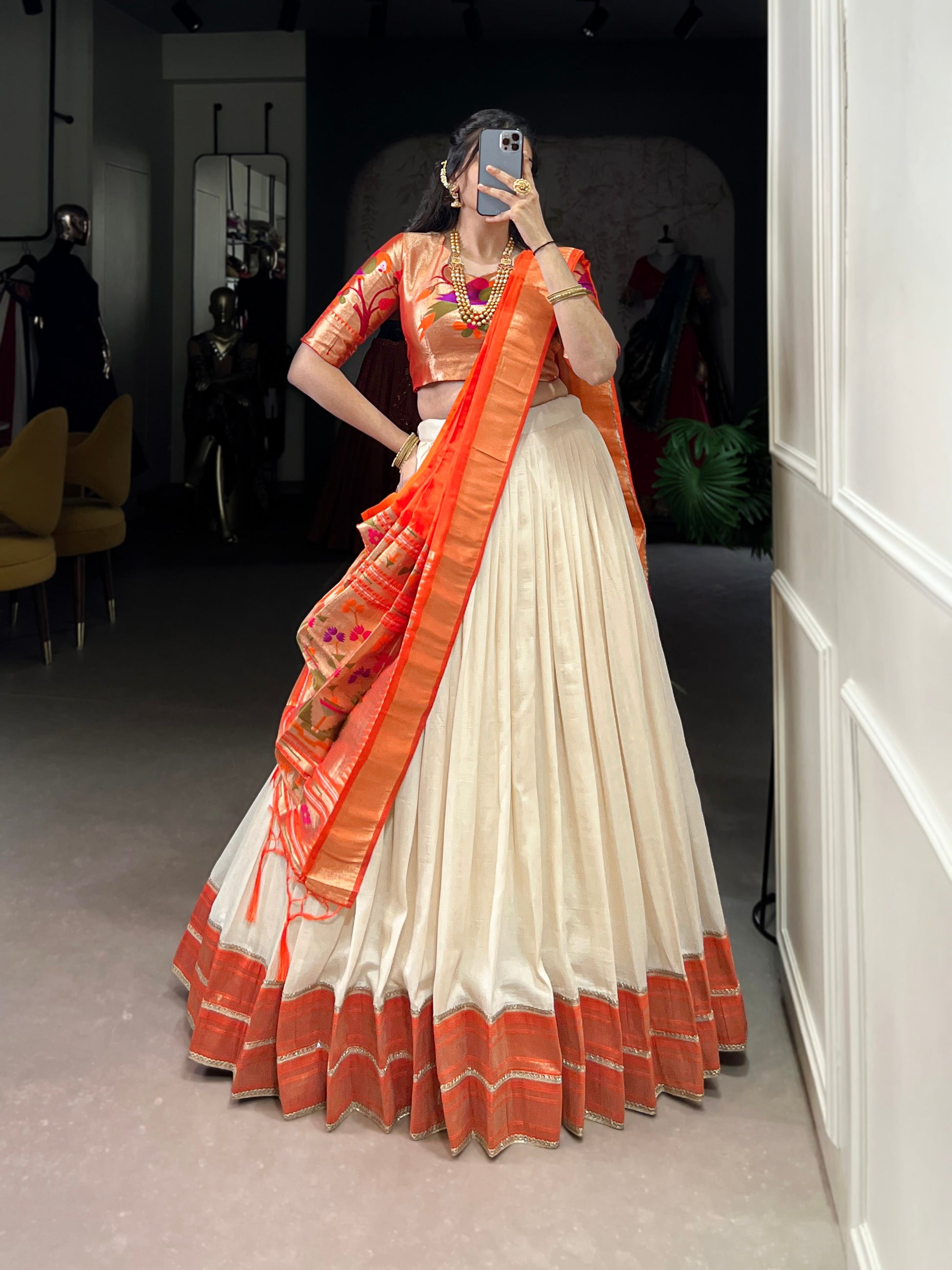 Lorenvalley Fashion Off White Vichitra Silk Zari Weaving With Lace Border Lehenga Choli with Dupatta | Swadesiicart