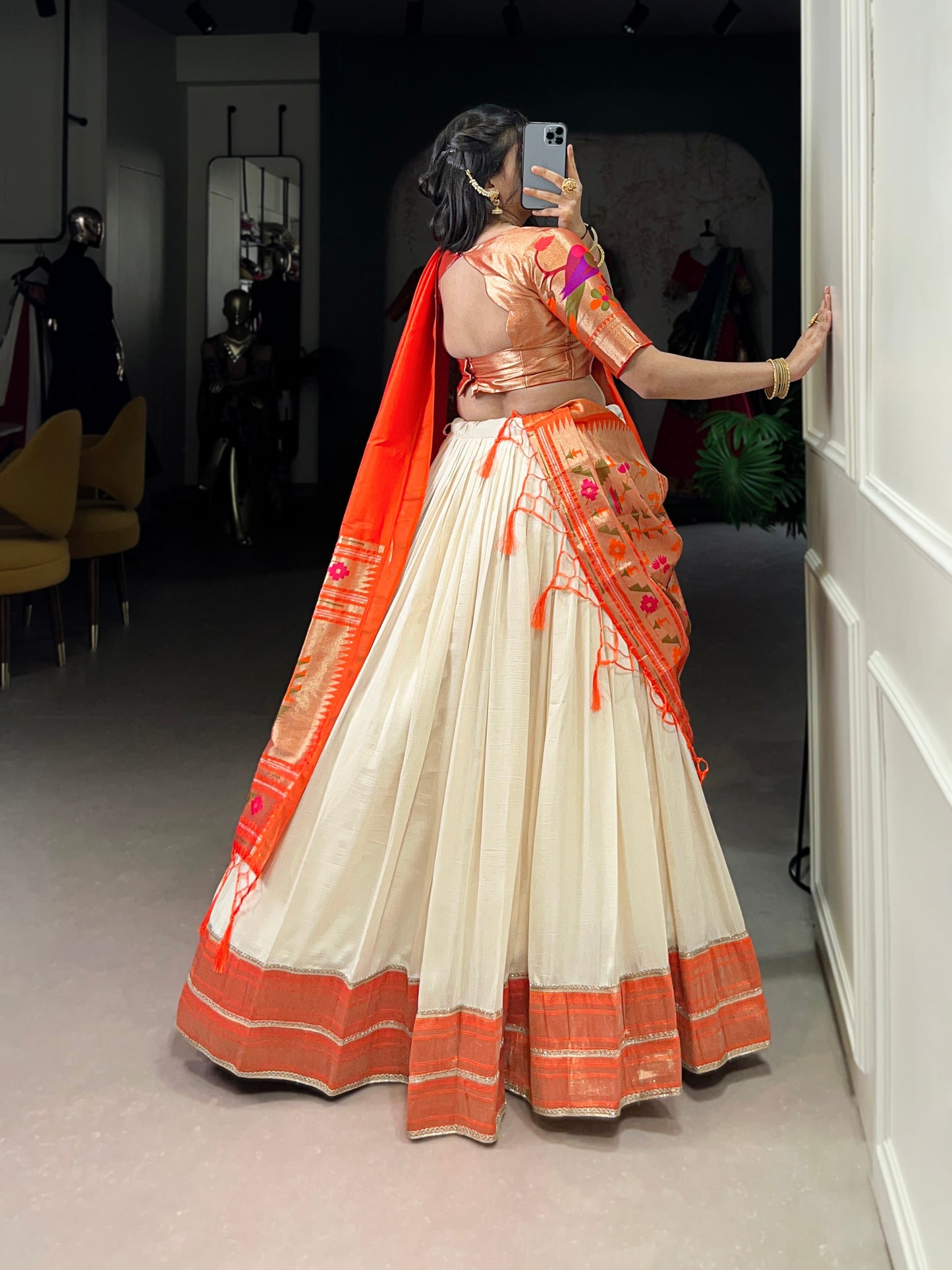 Lorenvalley Fashion Off White Vichitra Silk Zari Weaving With Lace Border Lehenga Choli with Dupatta | Swadesiicart