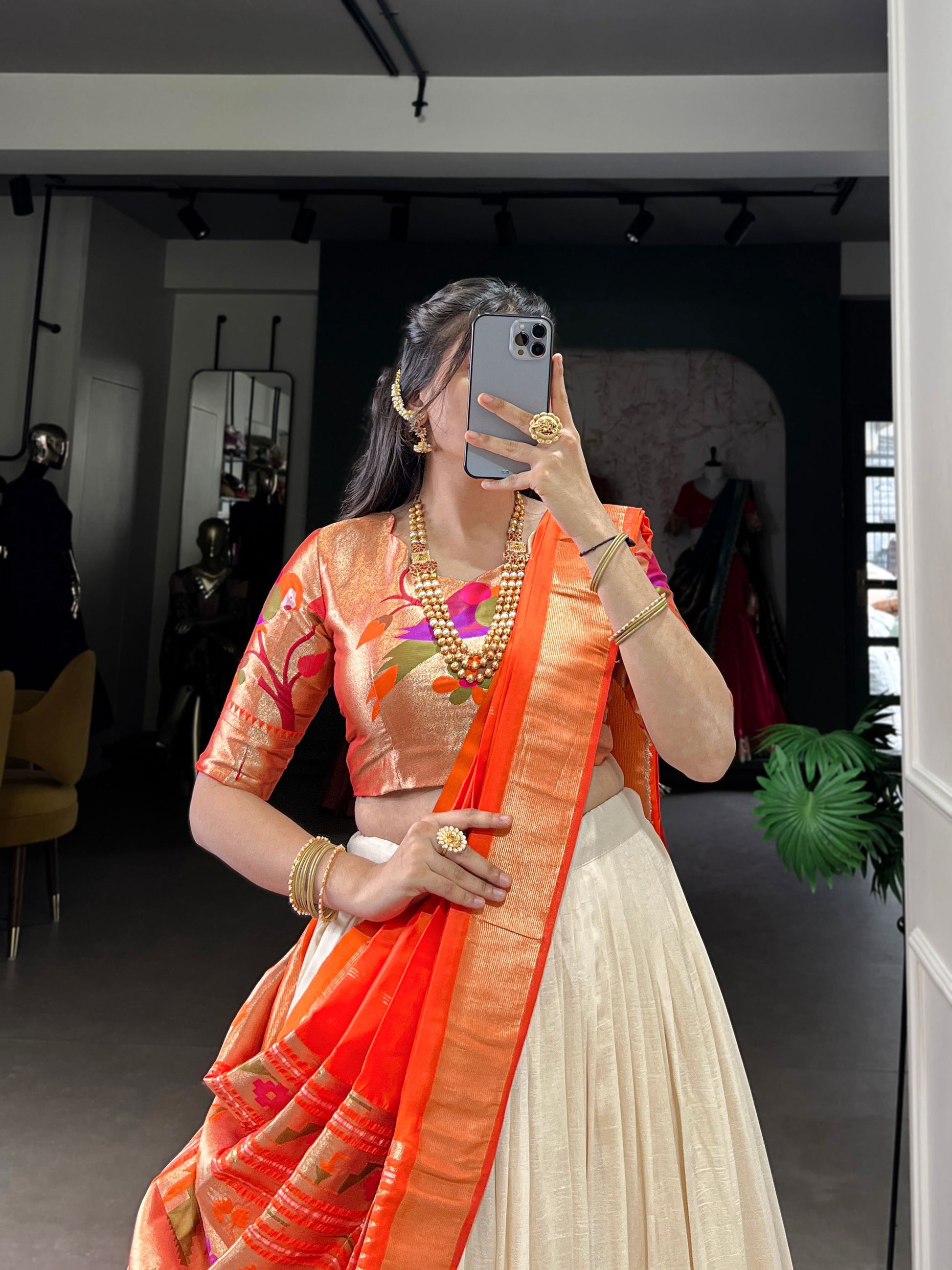 Lorenvalley Fashion Off White Vichitra Silk Zari Weaving With Lace Border Lehenga Choli with Dupatta | Swadesiicart