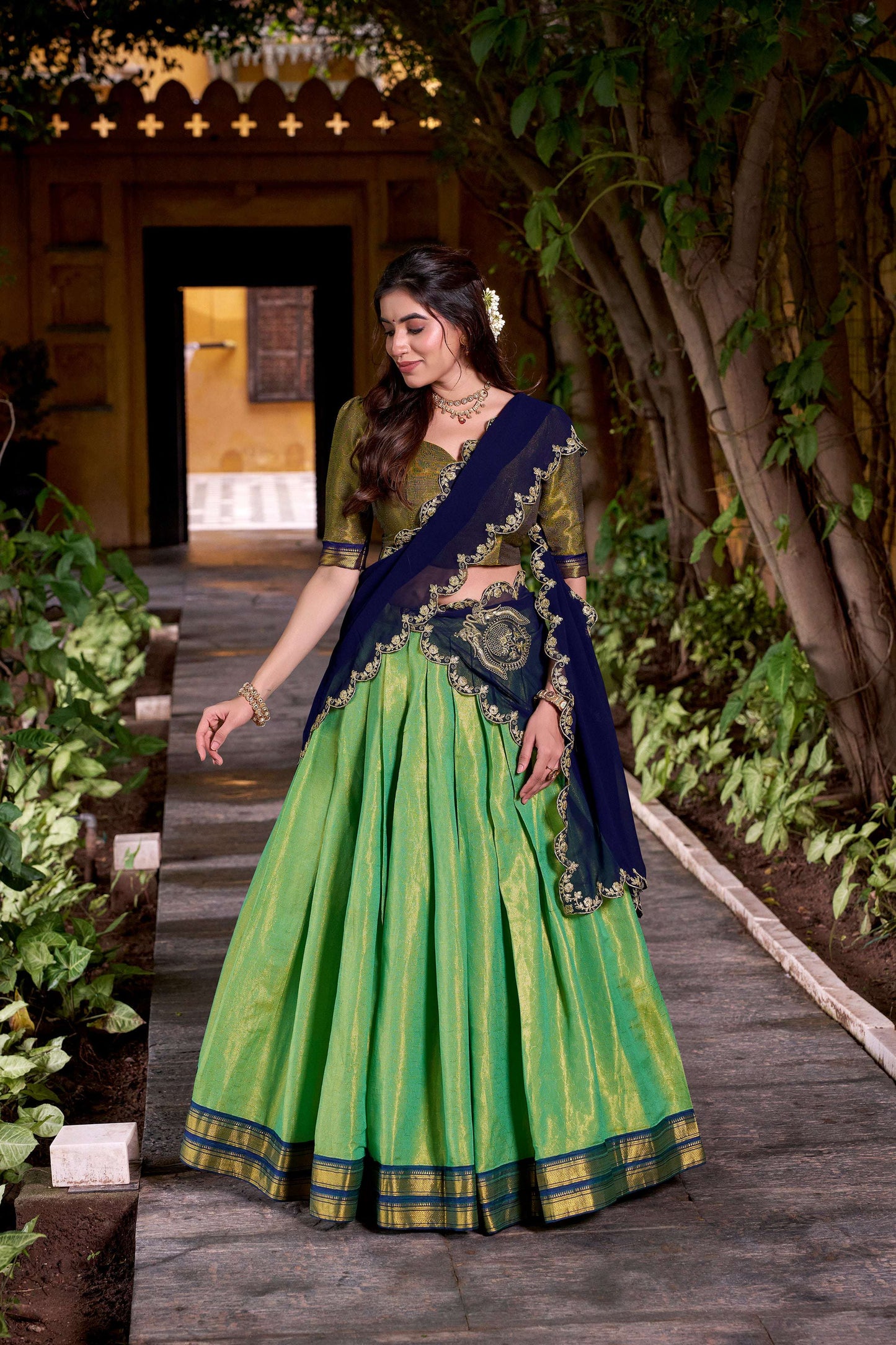 Lorenvalley Fashion Seagreen Kanchipuram Zari Weaving Work Lehenga Choli with Dupatta - Swadesiicart