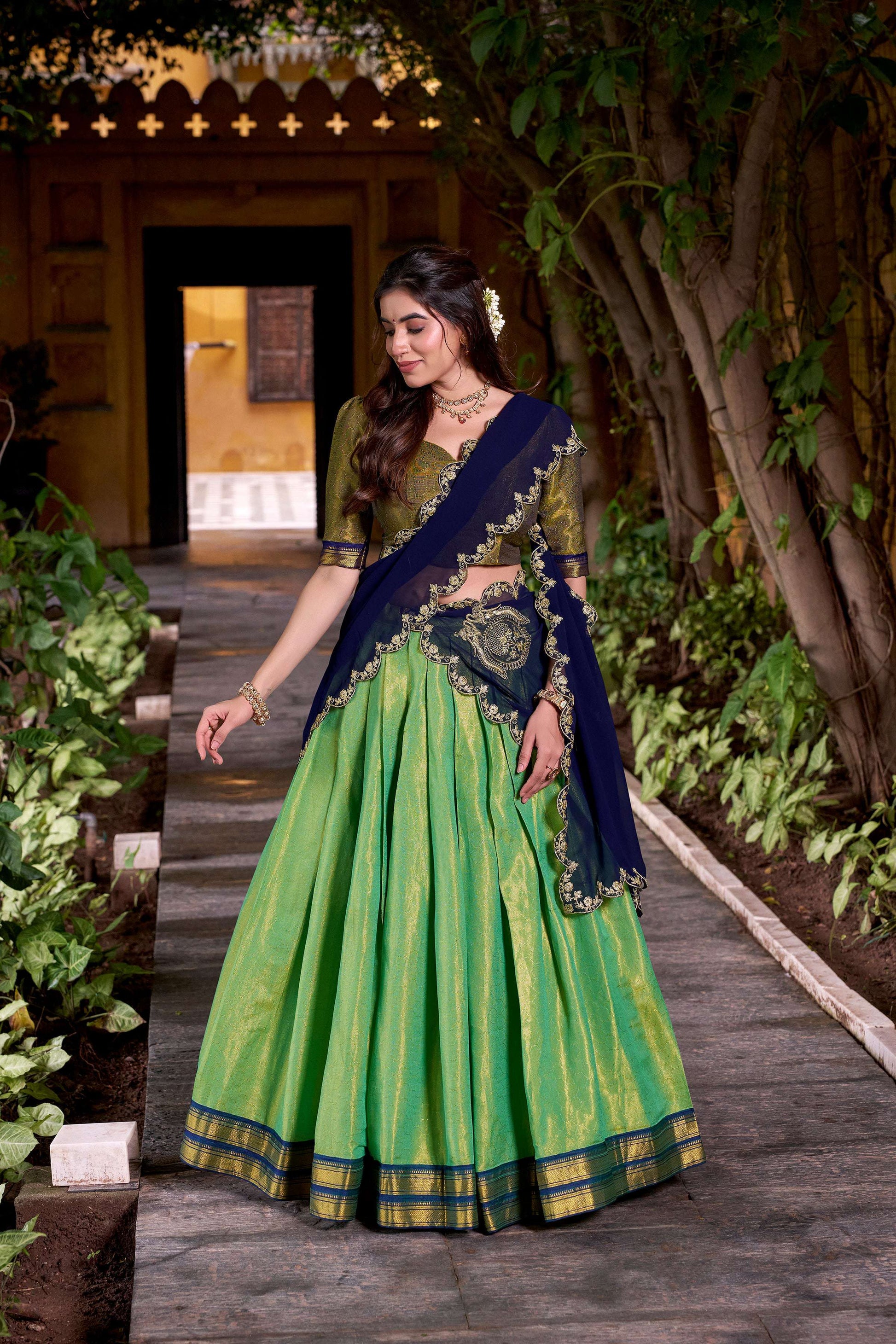 Lorenvalley Fashion Seagreen Kanchipuram Zari Weaving Work Lehenga Choli with Dupatta - Swadesiicart