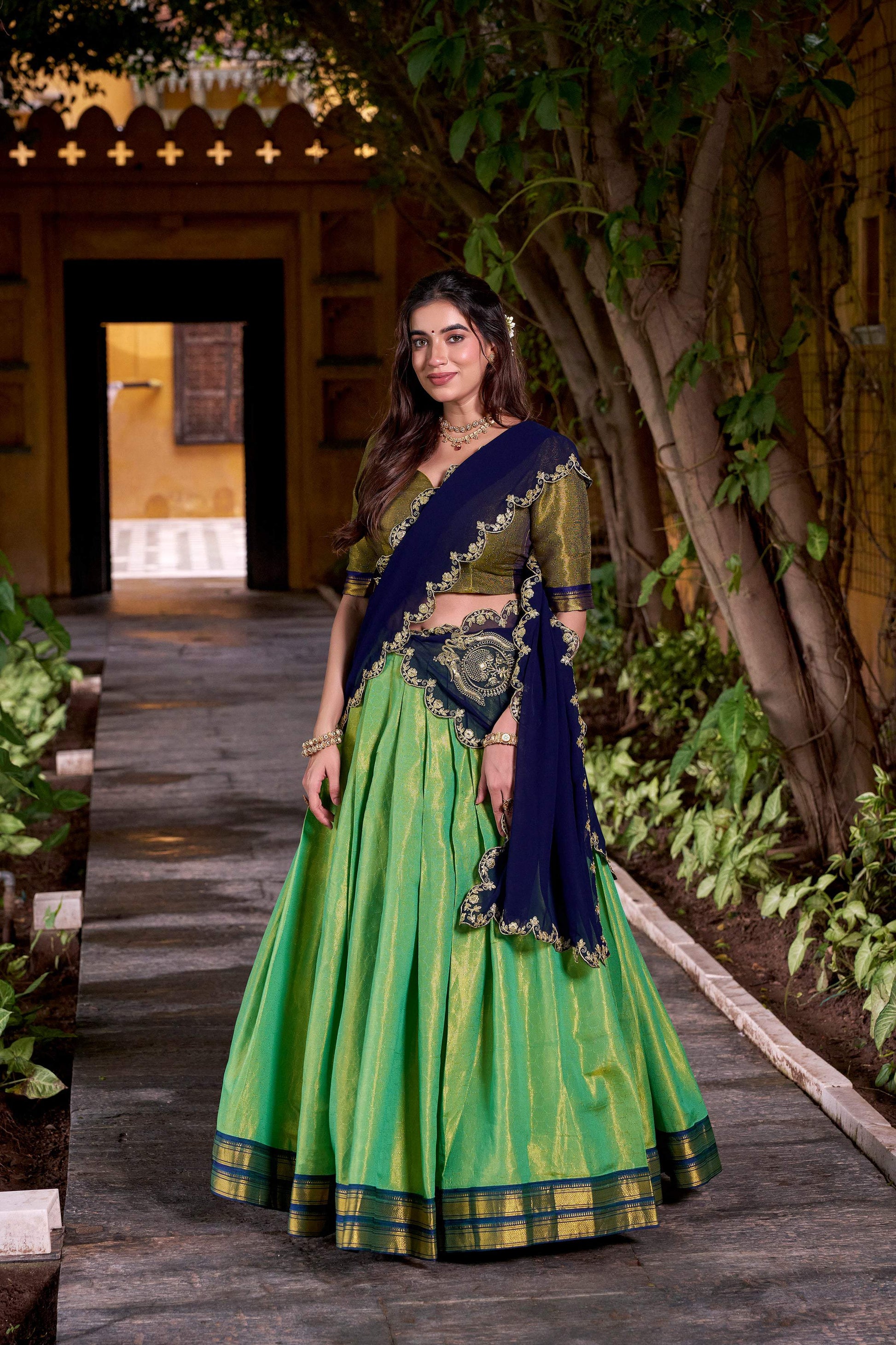 Lorenvalley Fashion Seagreen Kanchipuram Zari Weaving Work Lehenga Choli with Dupatta - Swadesiicart