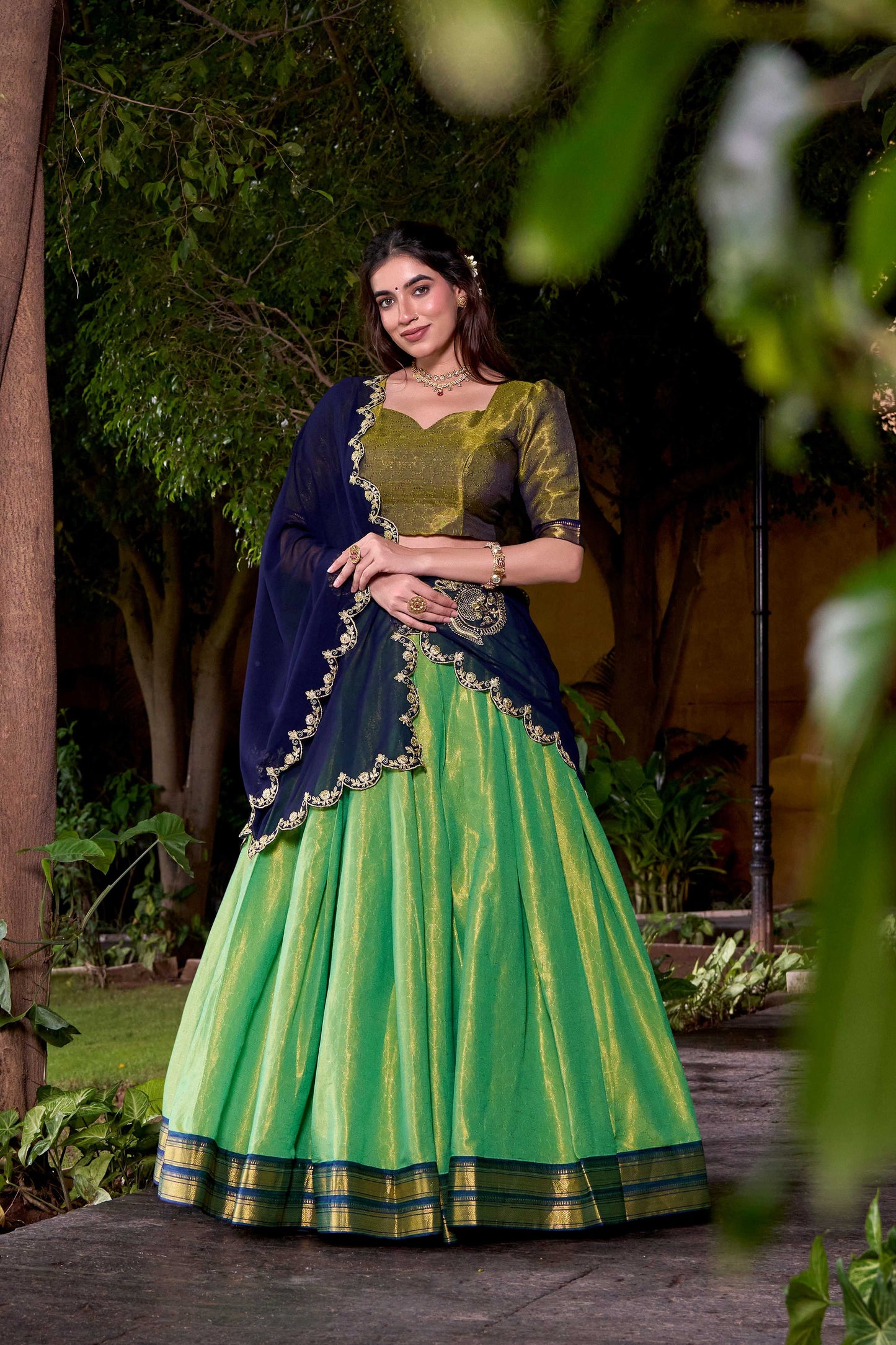 Lorenvalley Fashion Seagreen Kanchipuram Zari Weaving Work Lehenga Choli with Dupatta - Swadesiicart