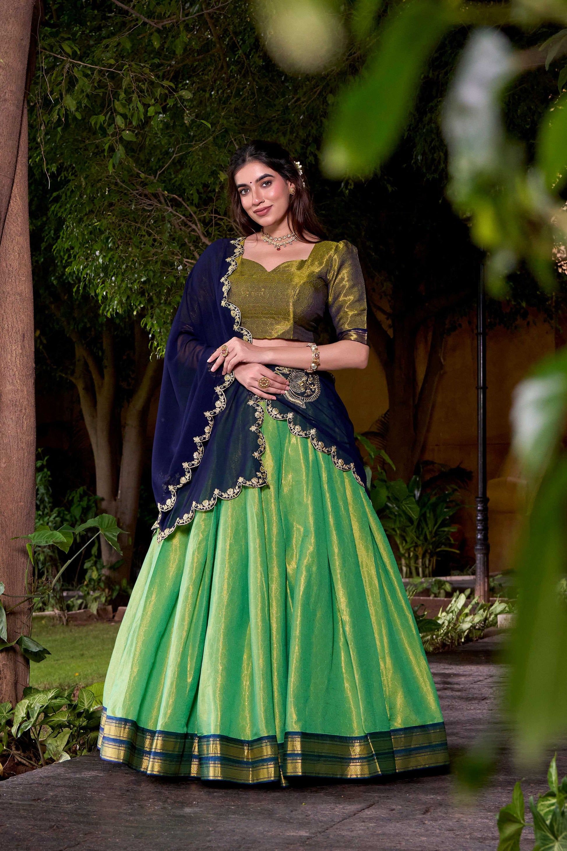 Lorenvalley Fashion Seagreen Kanchipuram Zari Weaving Work Lehenga Choli with Dupatta - Swadesiicart