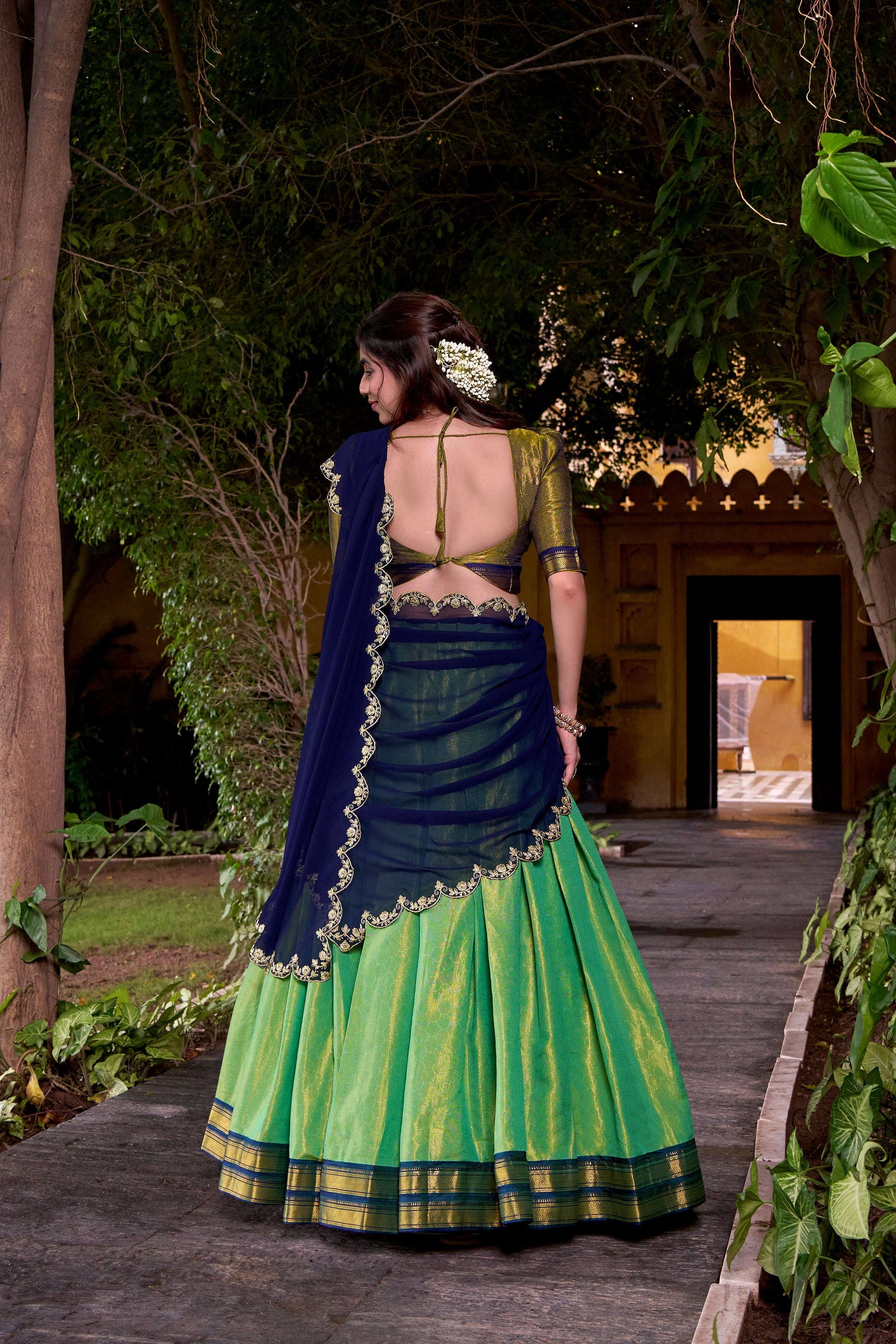 Lorenvalley Fashion Seagreen Kanchipuram Zari Weaving Work Lehenga Choli with Dupatta - Swadesiicart