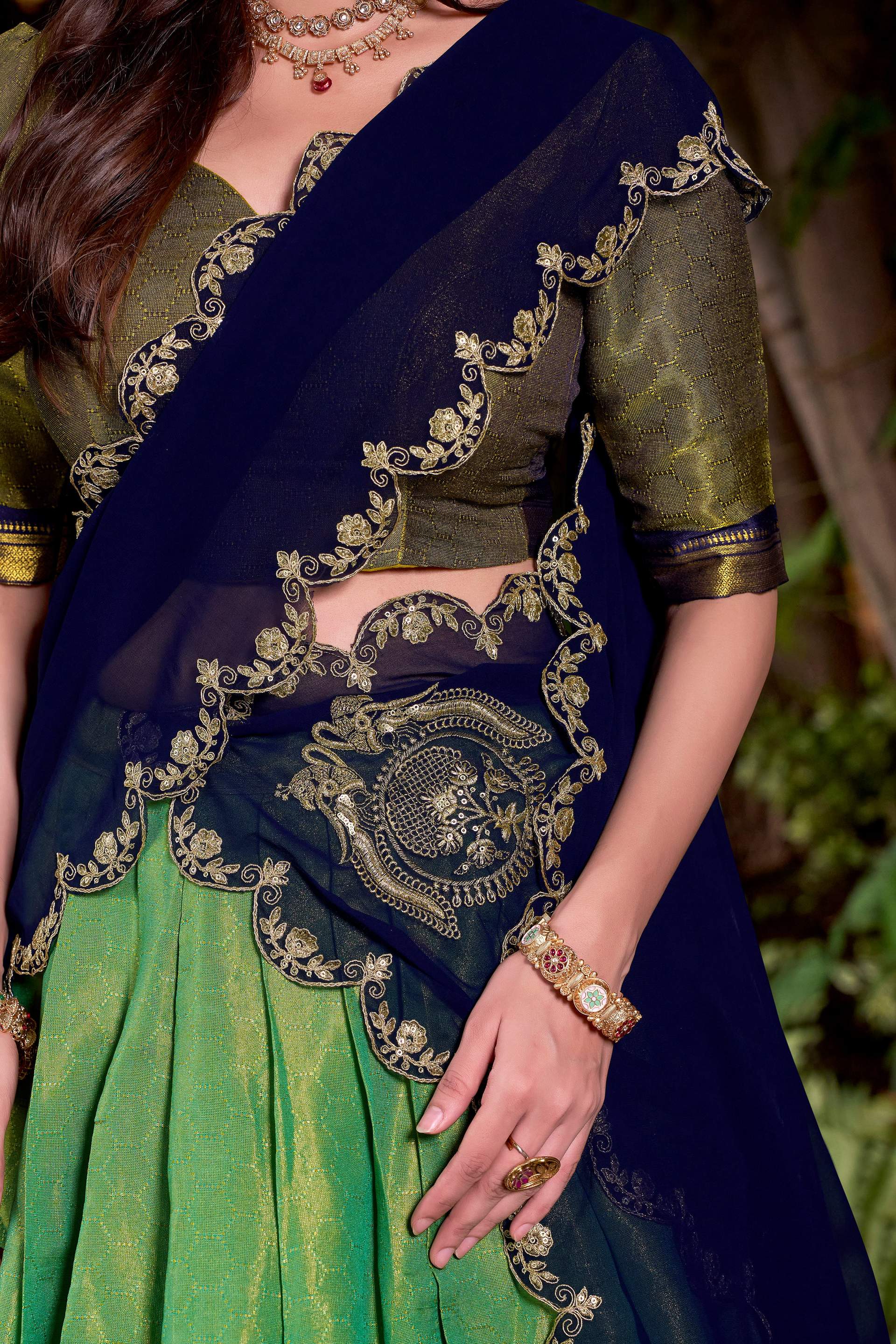 Lorenvalley Fashion Seagreen Kanchipuram Zari Weaving Work Lehenga Choli with Dupatta - Swadesiicart
