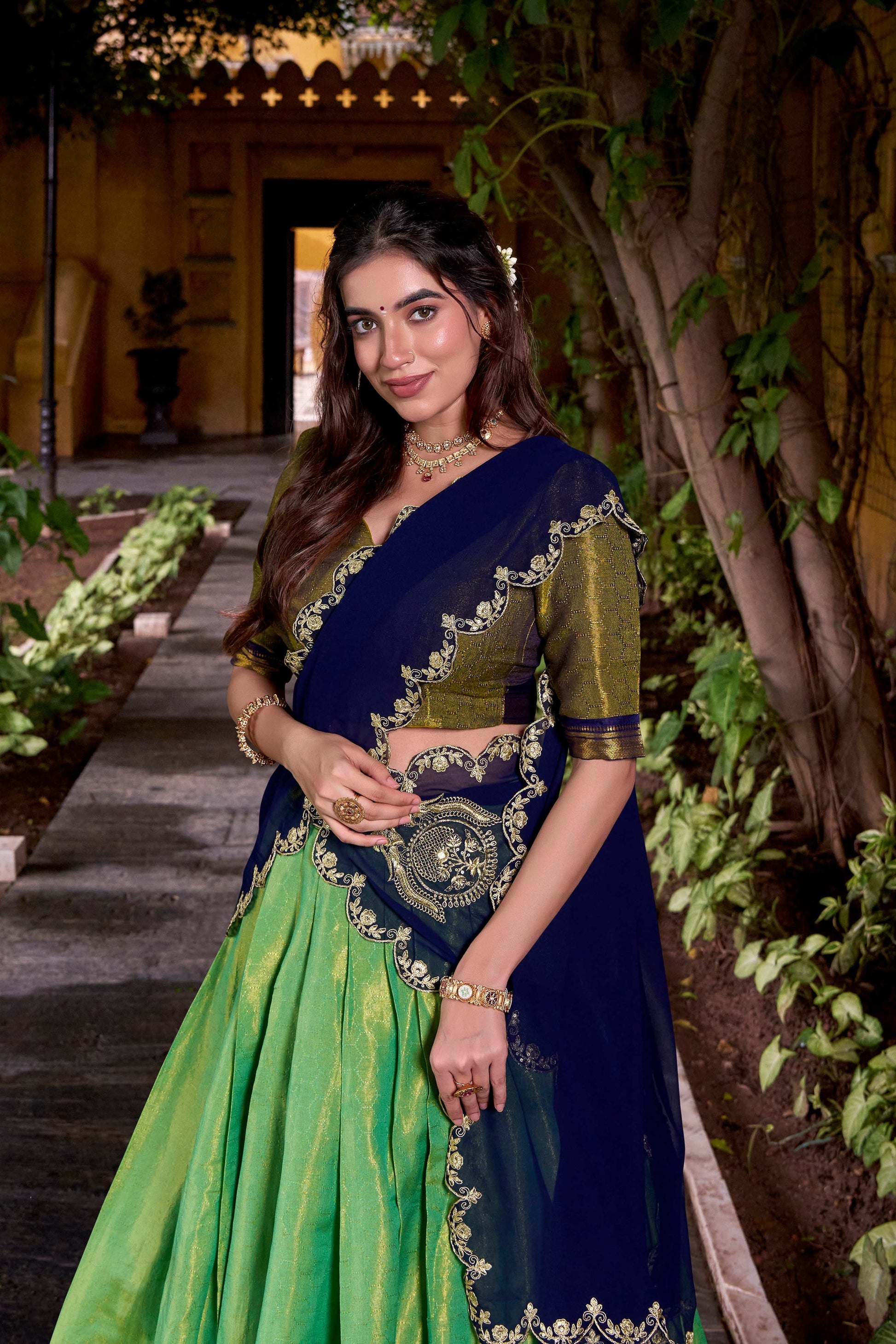 Lorenvalley Fashion Seagreen Kanchipuram Zari Weaving Work Lehenga Choli with Dupatta - Swadesiicart