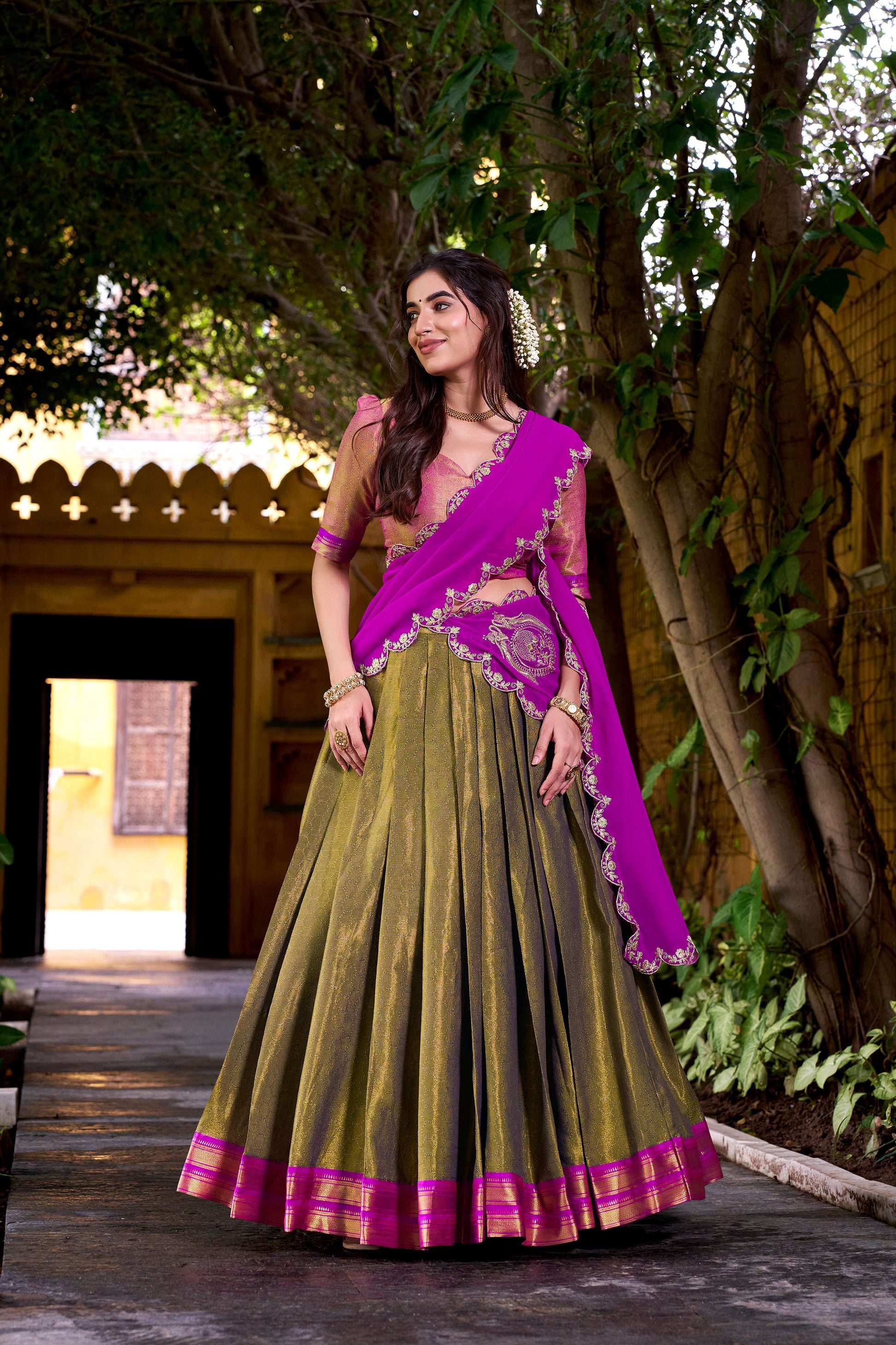 Lorenvalley Fashion Mahendi Kanchipuram Zari Weaving Work Lehenga Choli with Dupatta - Swadesiicart