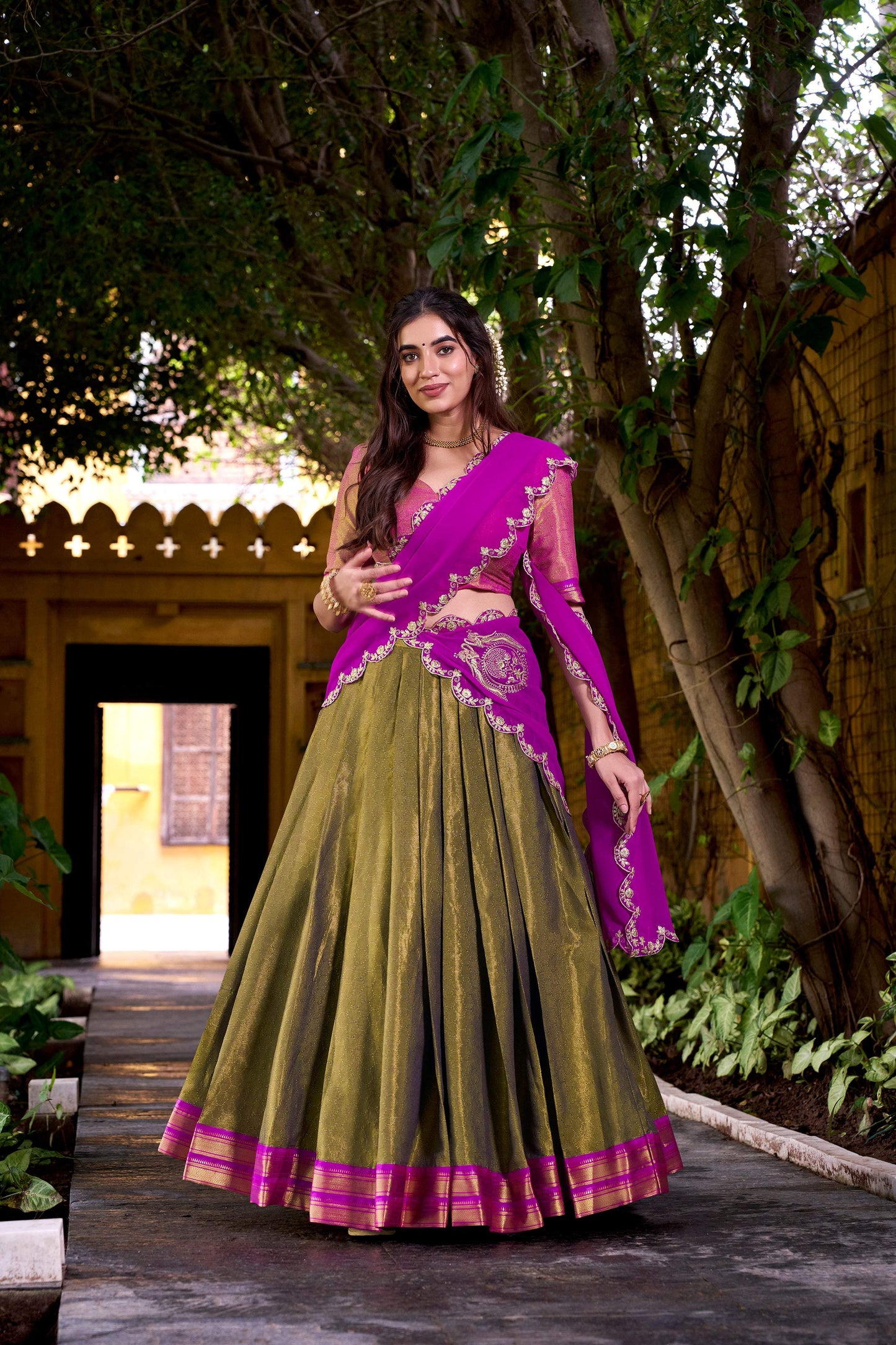 Lorenvalley Fashion Mahendi Kanchipuram Zari Weaving Work Lehenga Choli with Dupatta - Swadesiicart