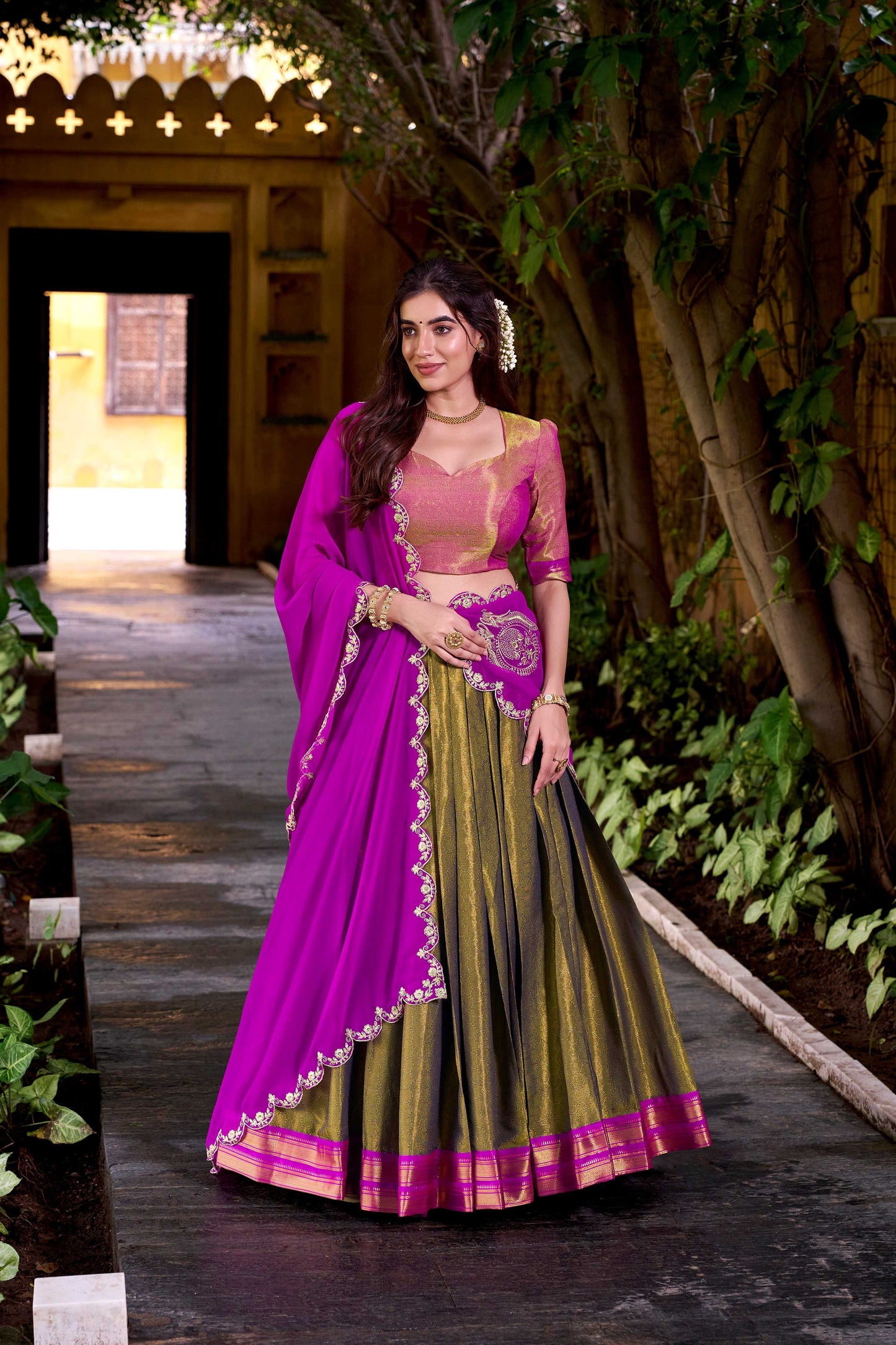Lorenvalley Fashion Mahendi Kanchipuram Zari Weaving Work Lehenga Choli with Dupatta - Swadesiicart