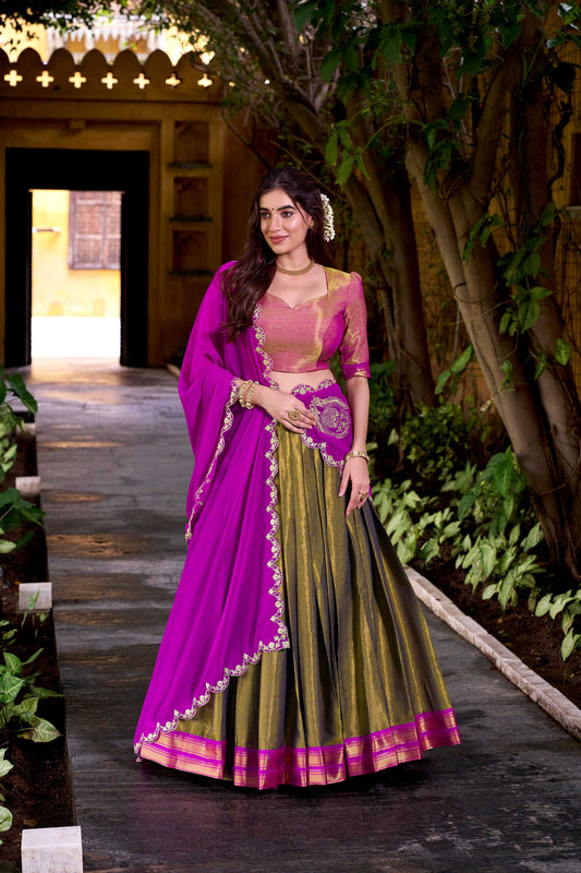 Lorenvalley Fashion Mahendi Kanchipuram Zari Weaving Work Lehenga Choli with Dupatta - Swadesiicart