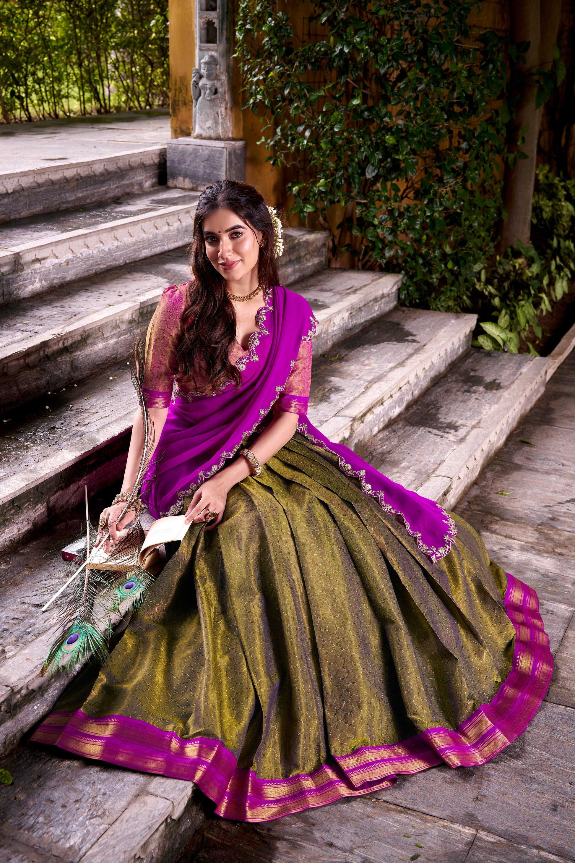 Lorenvalley Fashion Mahendi Kanchipuram Zari Weaving Work Lehenga Choli with Dupatta - Swadesiicart