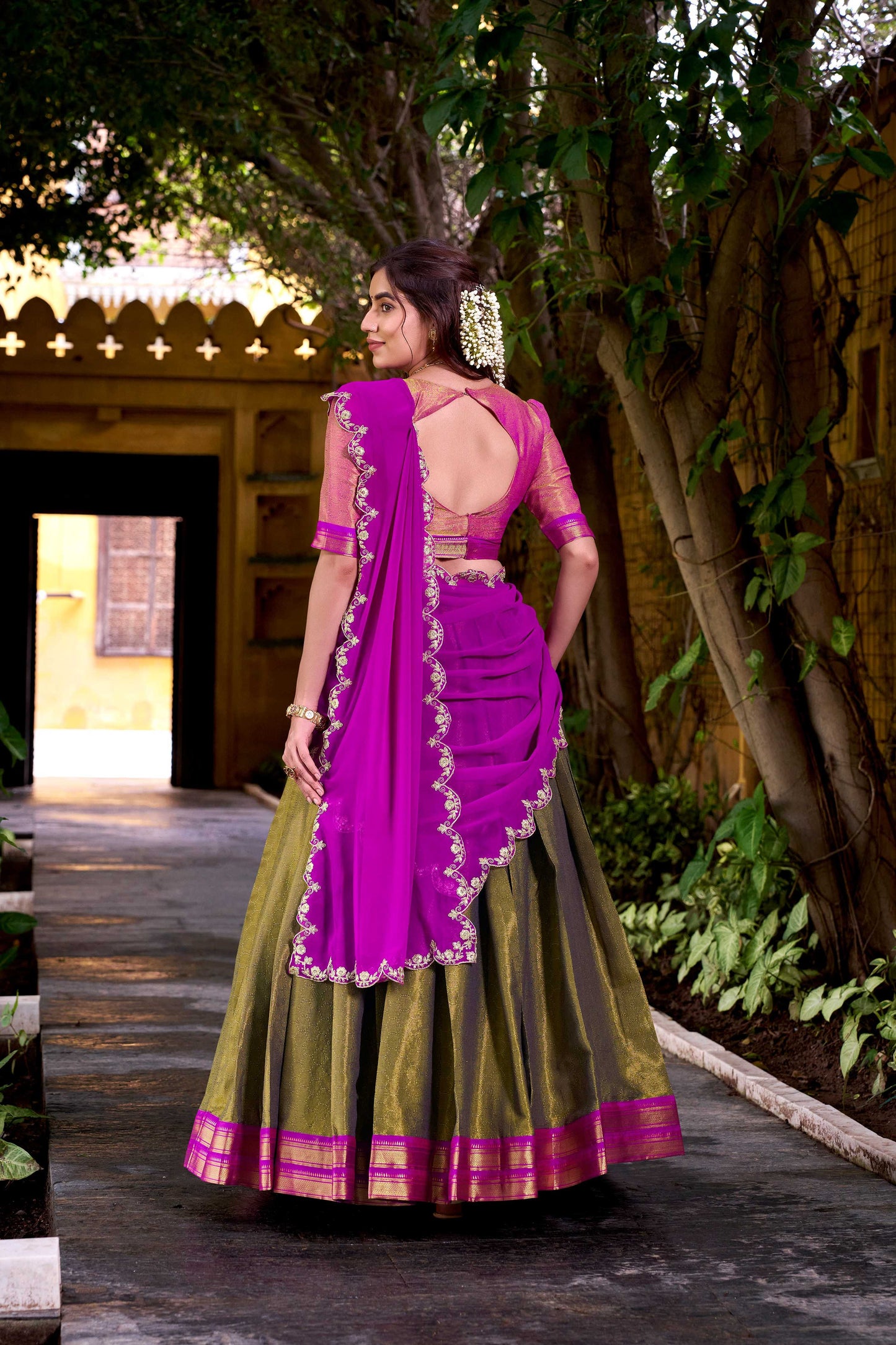 Lorenvalley Fashion Mahendi Kanchipuram Zari Weaving Work Lehenga Choli with Dupatta - Swadesiicart