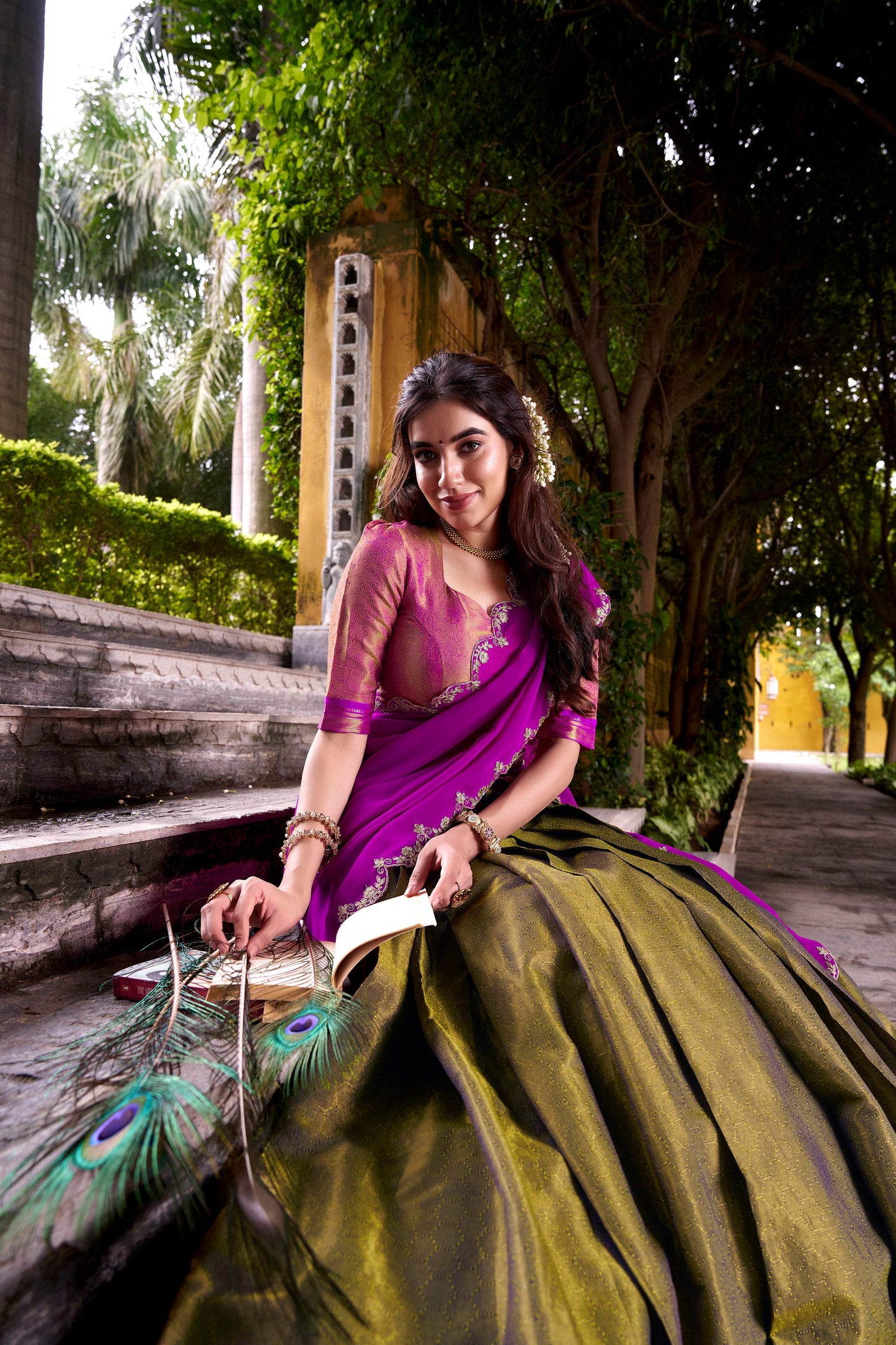 Lorenvalley Fashion Mahendi Kanchipuram Zari Weaving Work Lehenga Choli with Dupatta - Swadesiicart