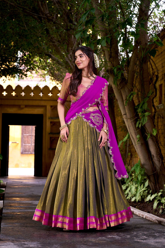 Lorenvalley Fashion Mahendi Kanchipuram Zari Weaving Work Lehenga Choli with Dupatta - Swadesiicart