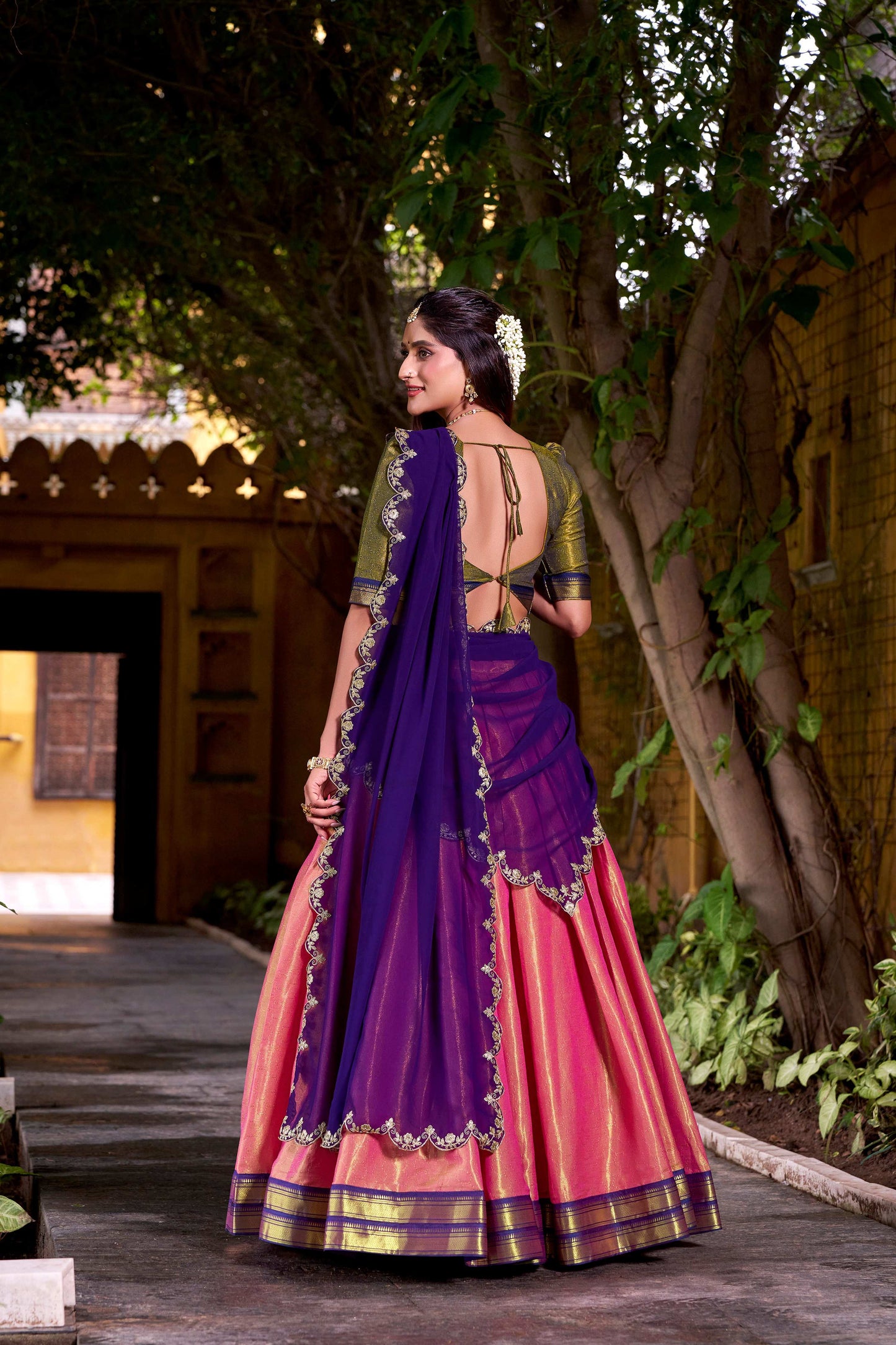 Lorenvalley Fashion Pink Kanchipuram Zari Weaving Work Lehenga Choli with Dupatta - Swadesiicart