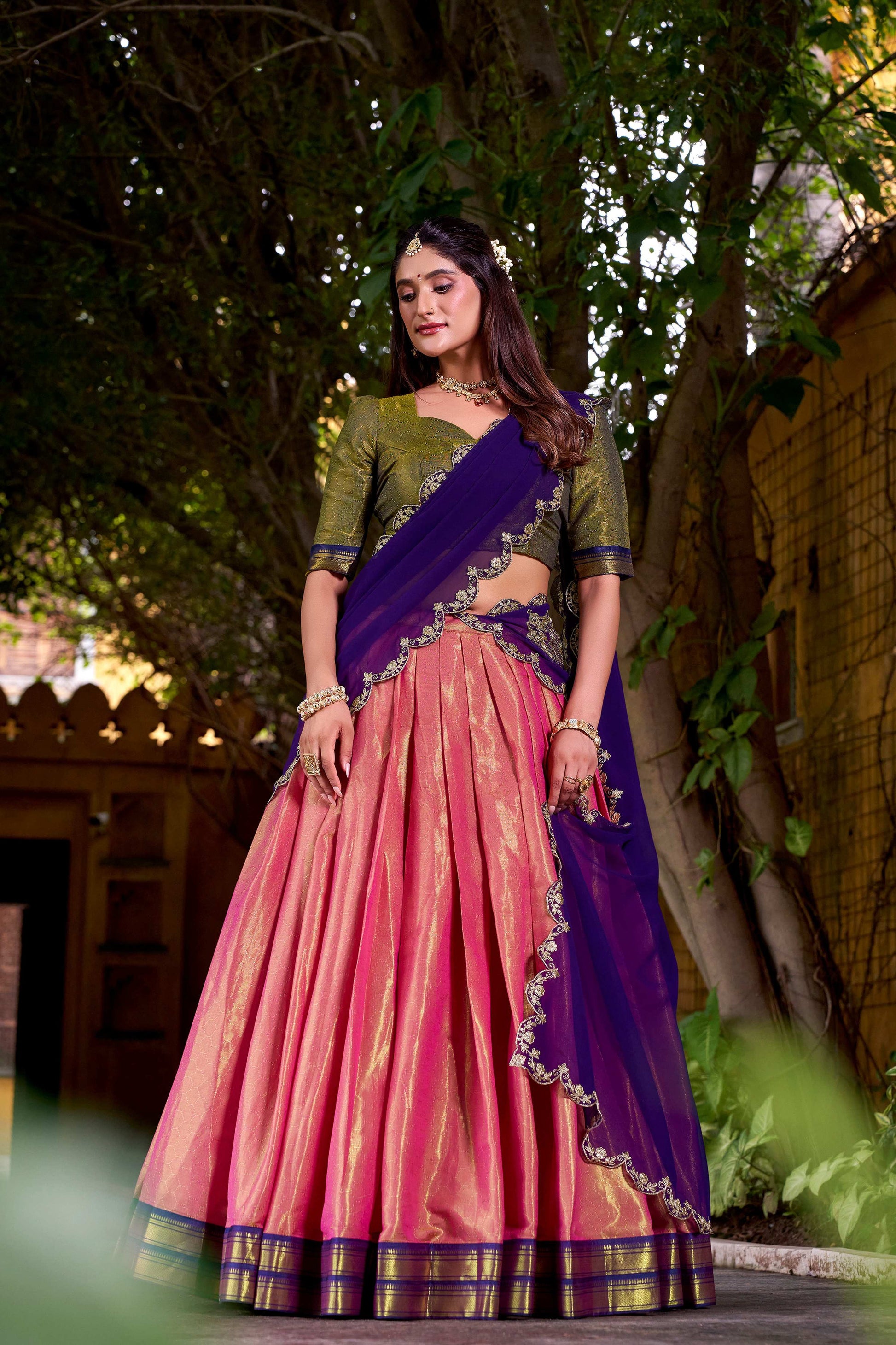 Lorenvalley Fashion Pink Kanchipuram Zari Weaving Work Lehenga Choli with Dupatta - Swadesiicart