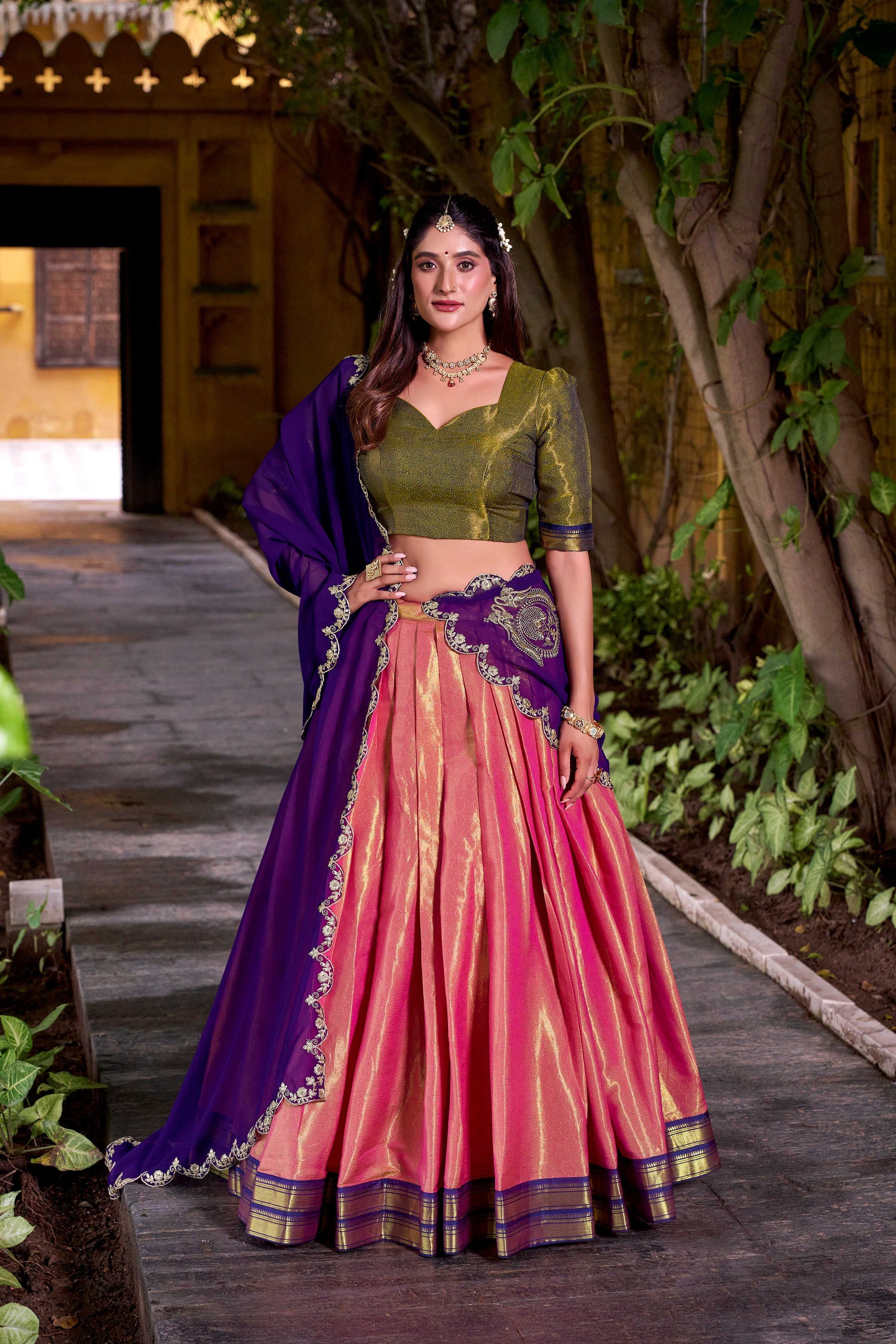 Lorenvalley Fashion Pink Kanchipuram Zari Weaving Work Lehenga Choli with Dupatta - Swadesiicart