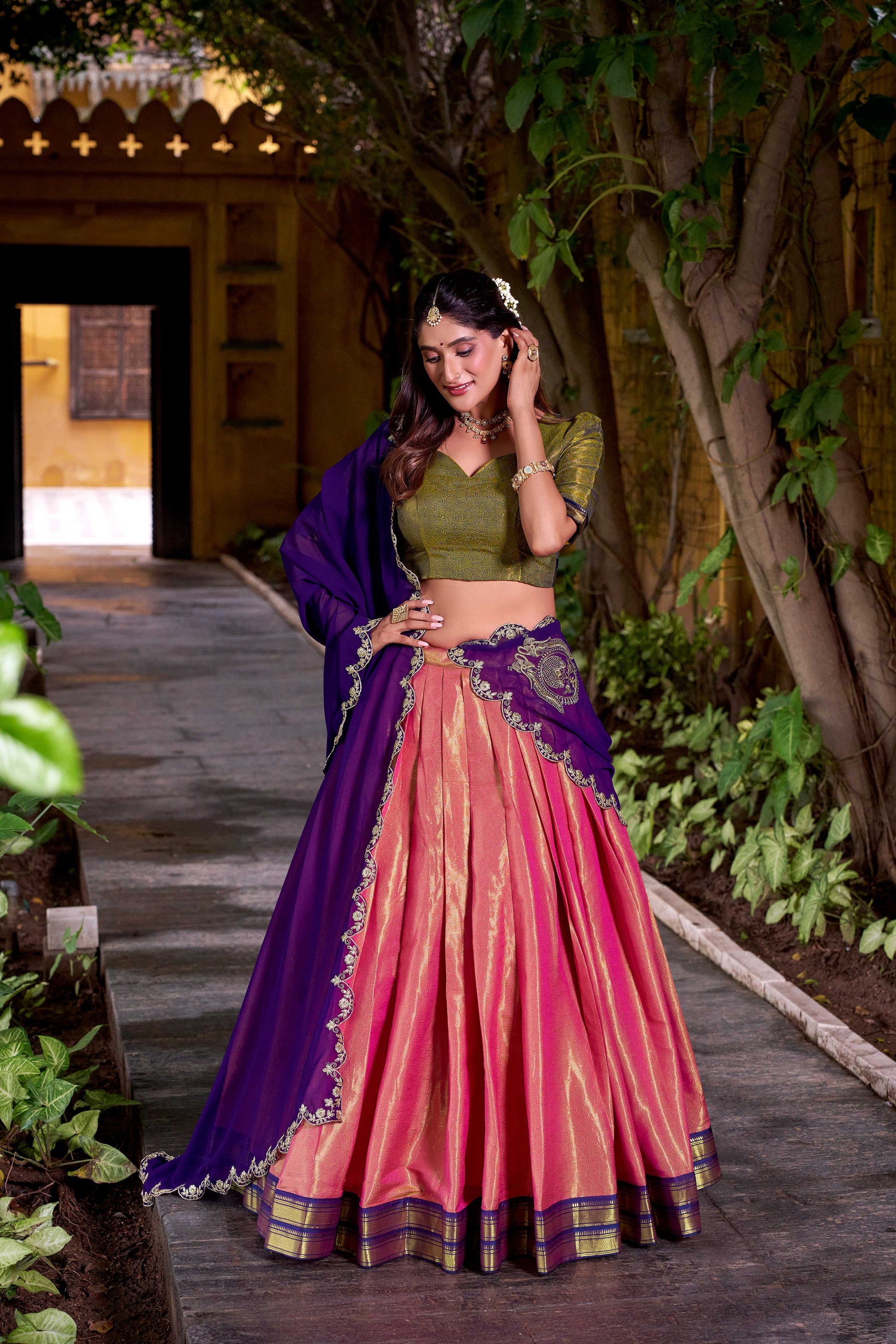 Lorenvalley Fashion Pink Kanchipuram Zari Weaving Work Lehenga Choli with Dupatta - Swadesiicart