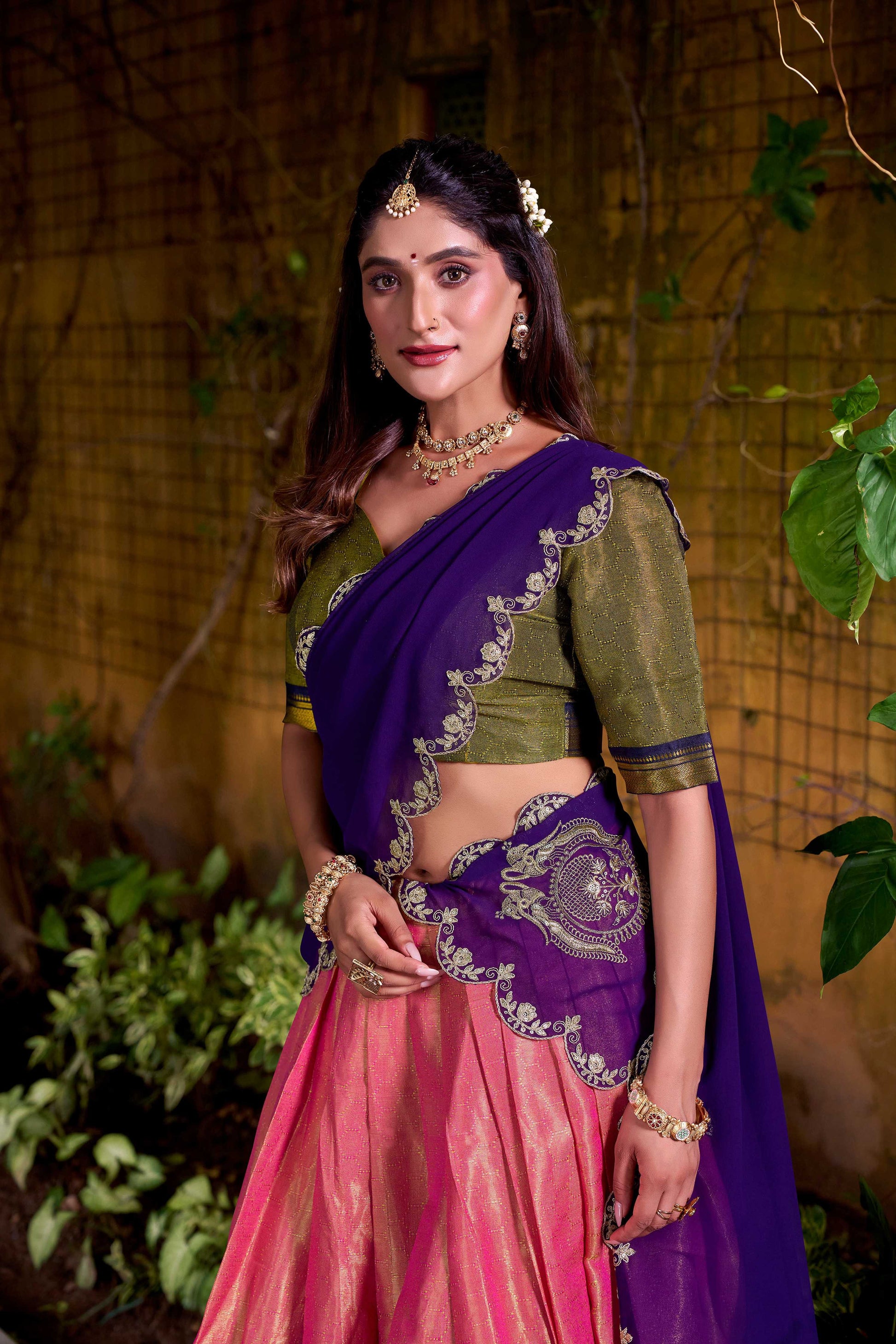 Lorenvalley Fashion Pink Kanchipuram Zari Weaving Work Lehenga Choli with Dupatta - Swadesiicart