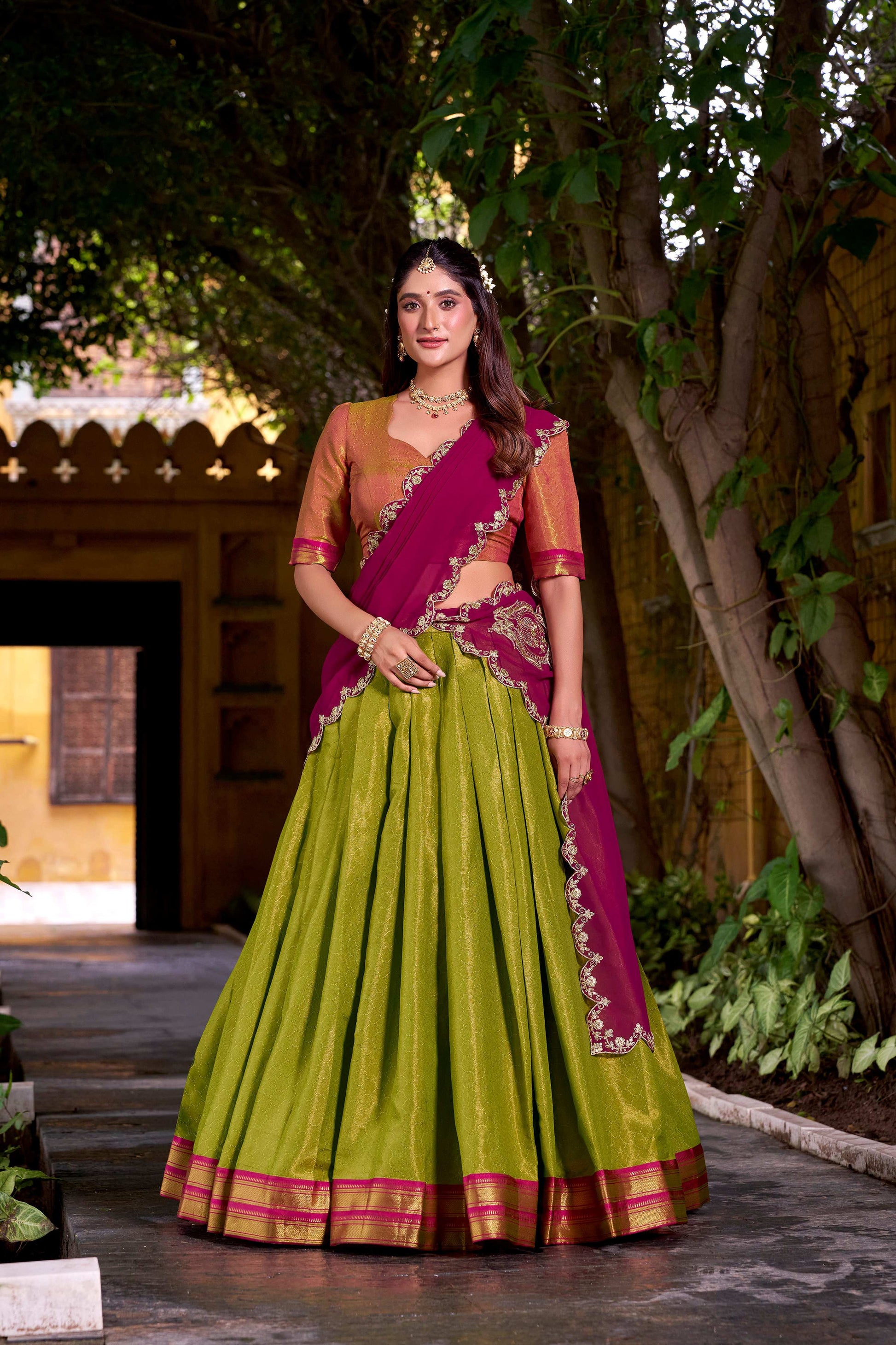 Lorenvalley Fashion Pista Kanchipuram Zari Weaving Work Lehenga Choli with Dupatta - Swadesiicart