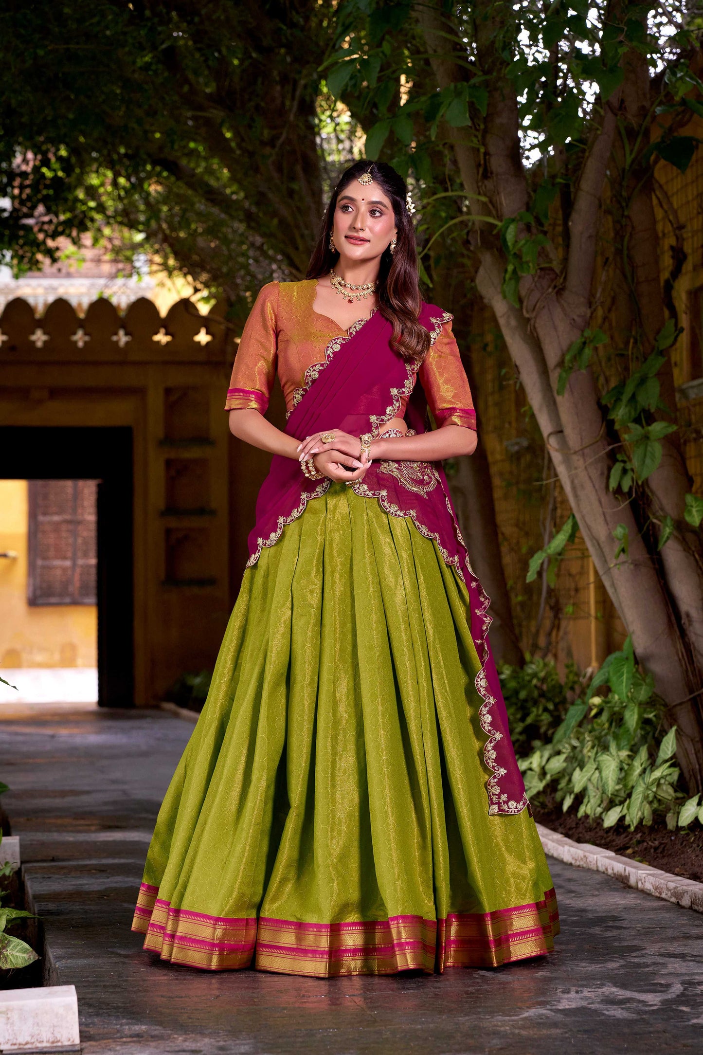 Lorenvalley Fashion Pista Kanchipuram Zari Weaving Work Lehenga Choli with Dupatta - Swadesiicart