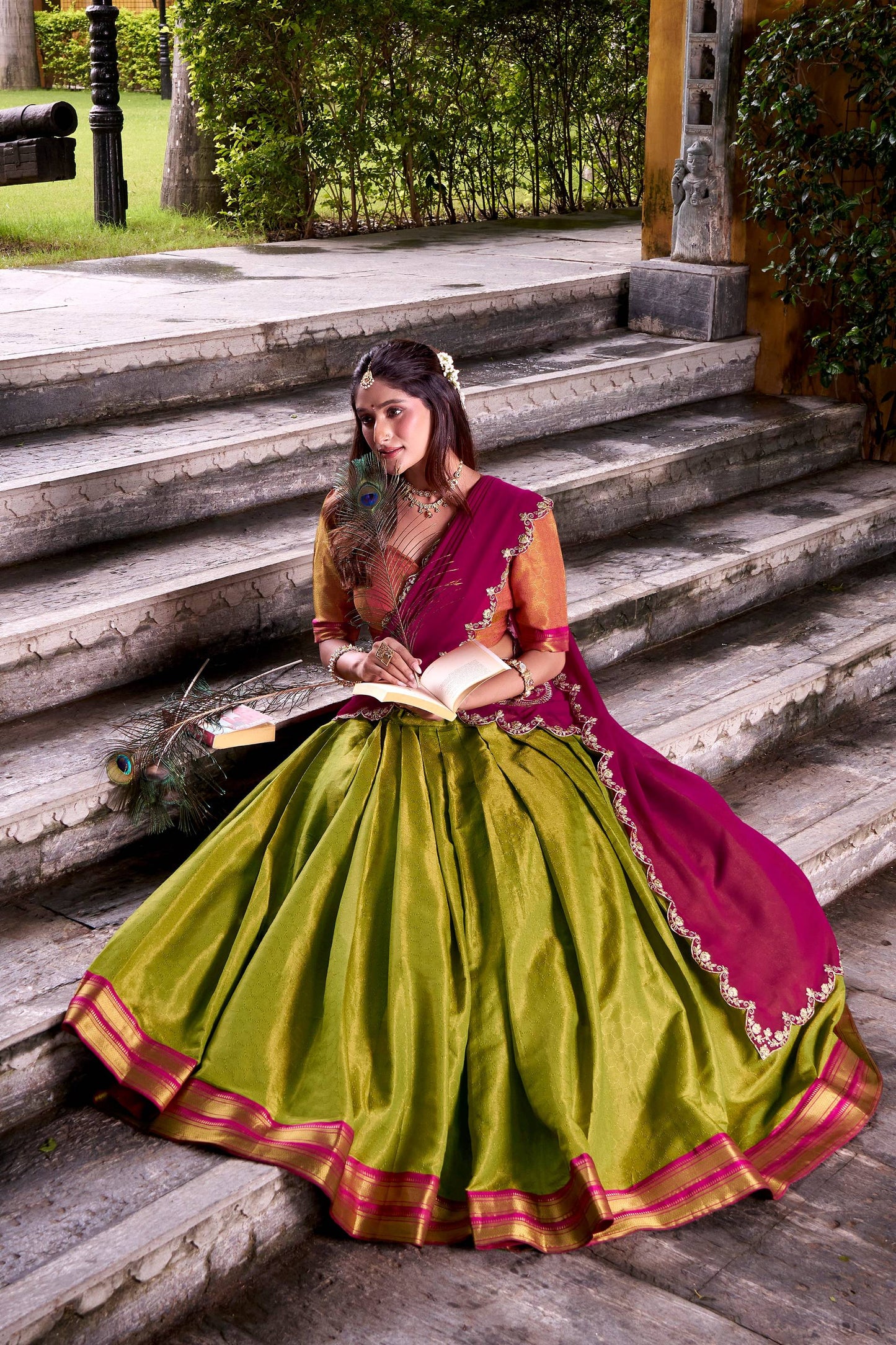 Lorenvalley Fashion Pista Kanchipuram Zari Weaving Work Lehenga Choli with Dupatta - Swadesiicart