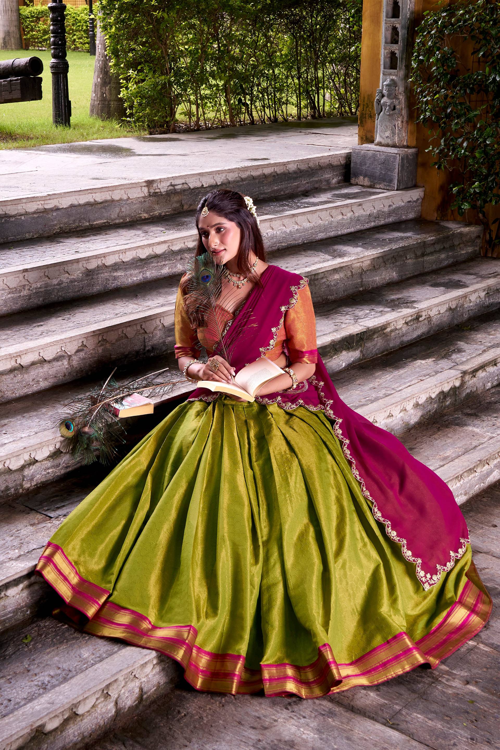 Lorenvalley Fashion Pista Kanchipuram Zari Weaving Work Lehenga Choli with Dupatta - Swadesiicart