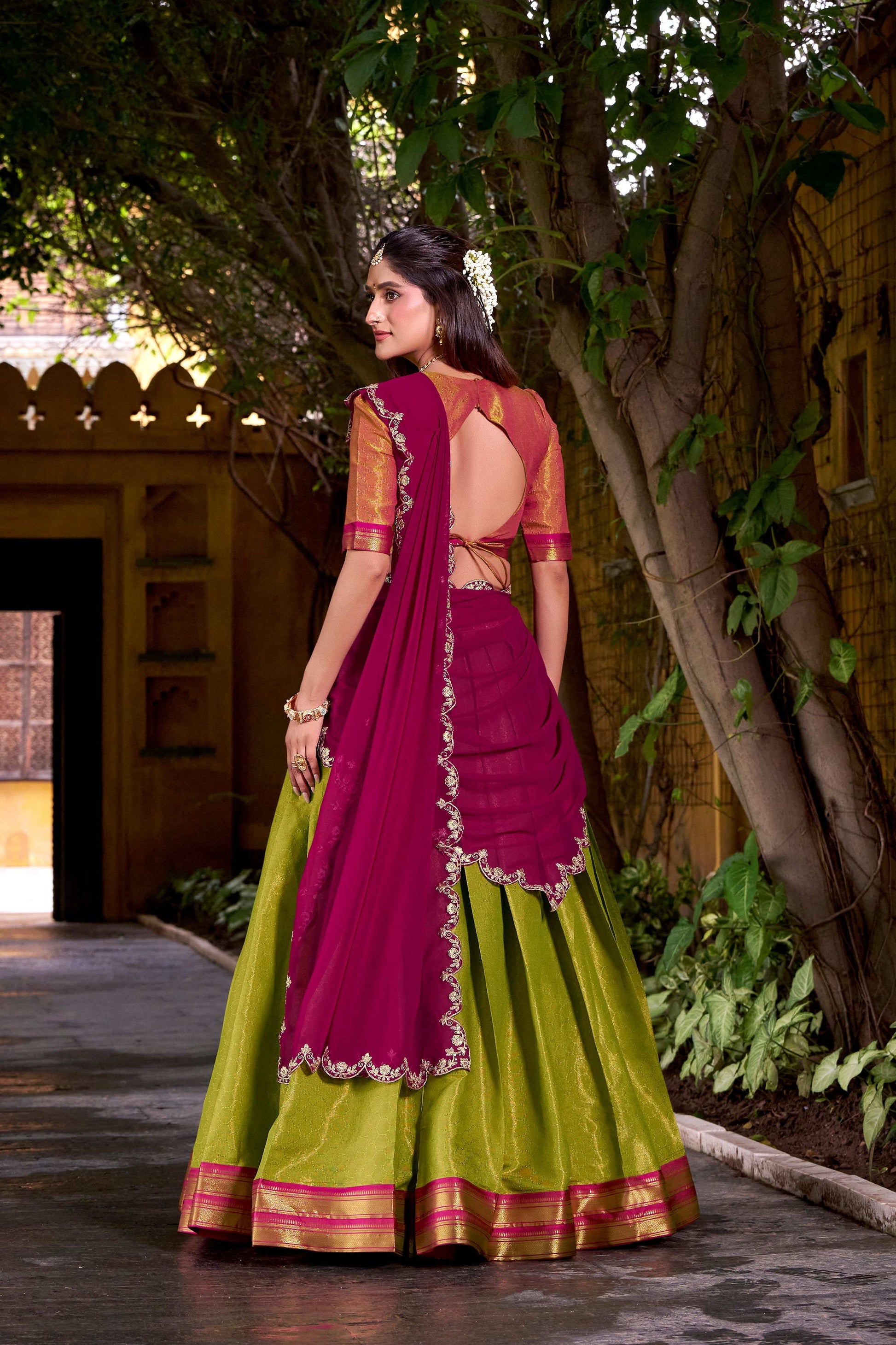 Lorenvalley Fashion Pista Kanchipuram Zari Weaving Work Lehenga Choli with Dupatta - Swadesiicart