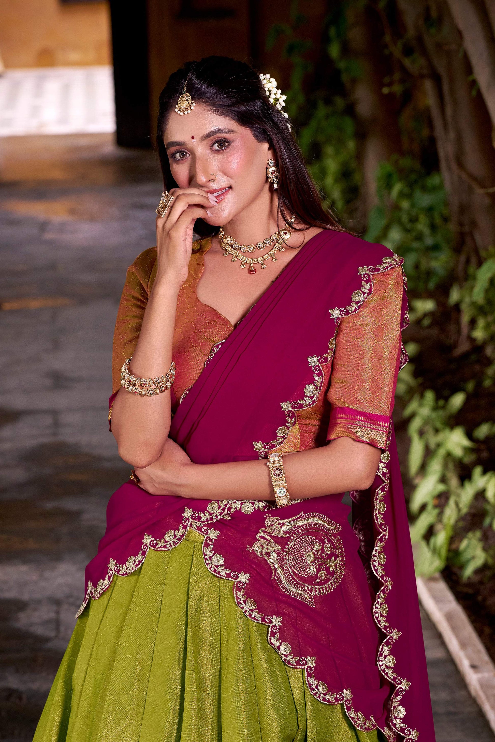 Lorenvalley Fashion Pista Kanchipuram Zari Weaving Work Lehenga Choli with Dupatta - Swadesiicart