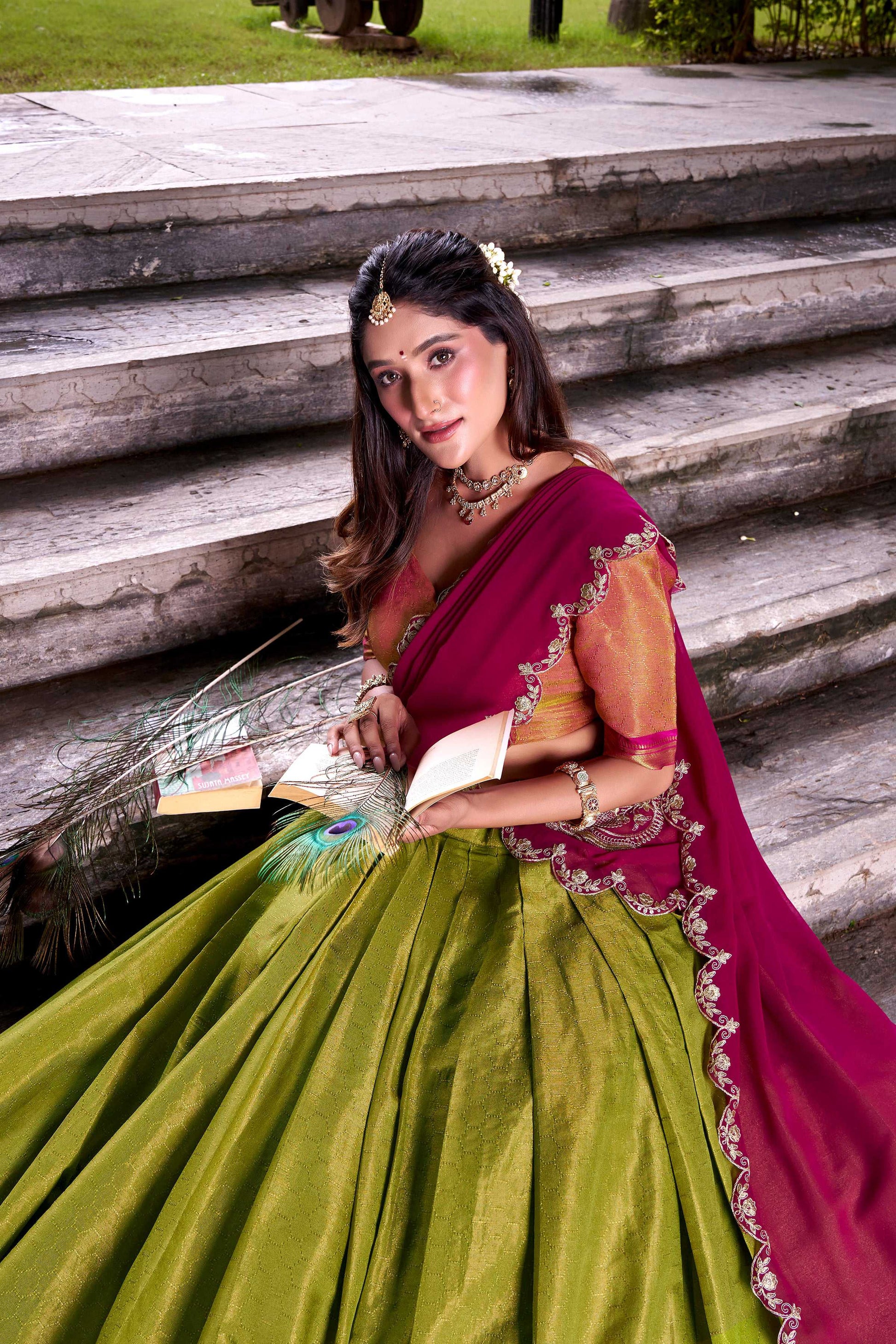 Lorenvalley Fashion Pista Kanchipuram Zari Weaving Work Lehenga Choli with Dupatta - Swadesiicart